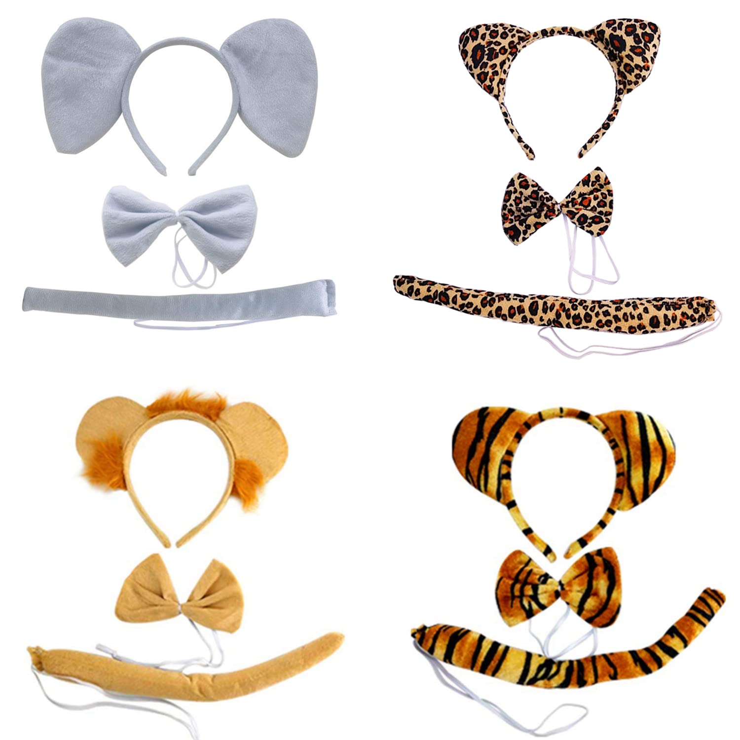 4 Sets Zoo Animal Headbands for Adults - Giraffe, Lion, Tiger, Elephant Costume Ears and Tail Set - Perfect for Halloween, Cosplay, Themed Parties, and Safari Adventures