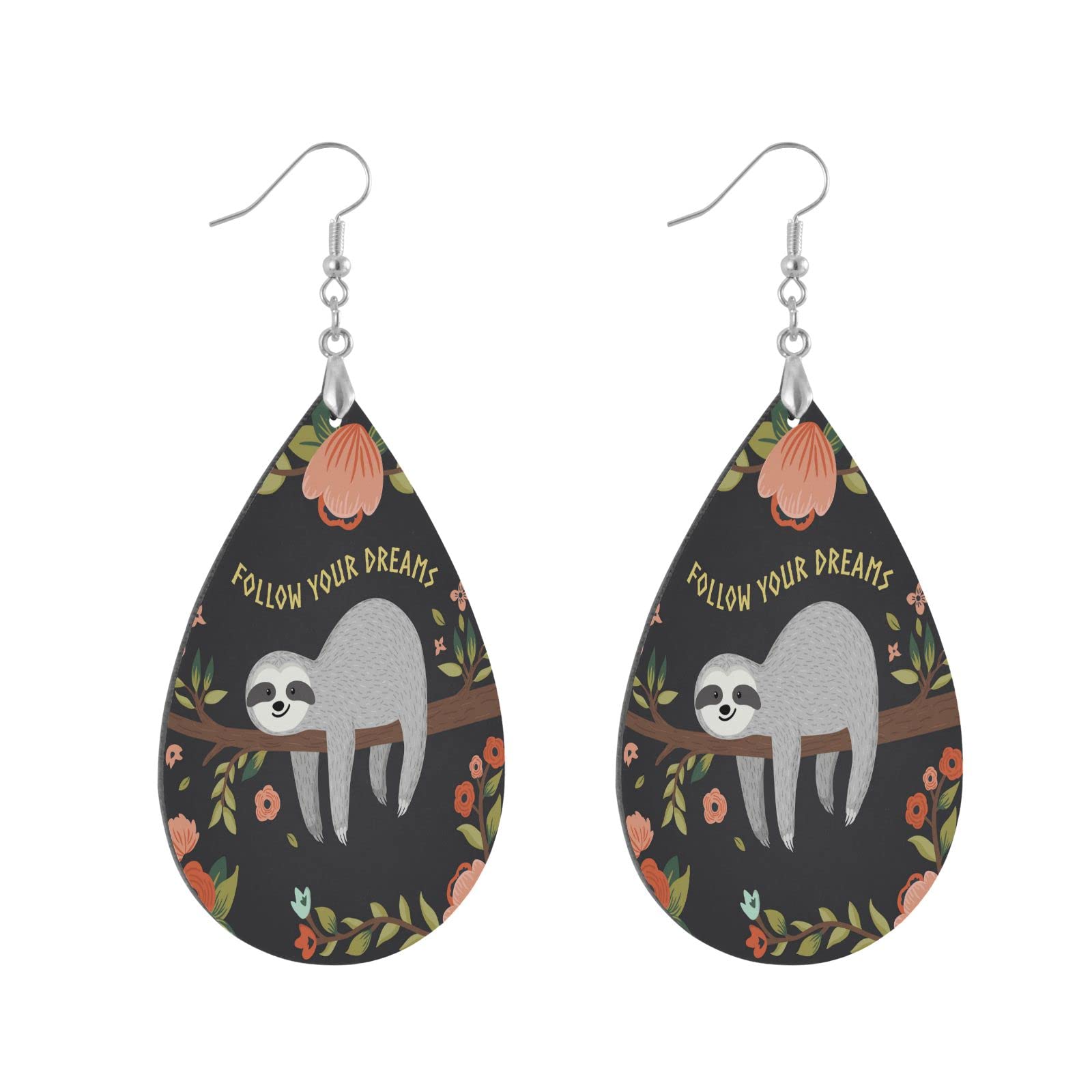 Lightweight Wooden Teardrop Earrings with Floral & Sloth Designs - Inspirational 'Follow Your Dream' Dangle Earrings for Women & Girls - Perfect Statement Jewelry Gift for Birthdays, Parties & Everyday Wear