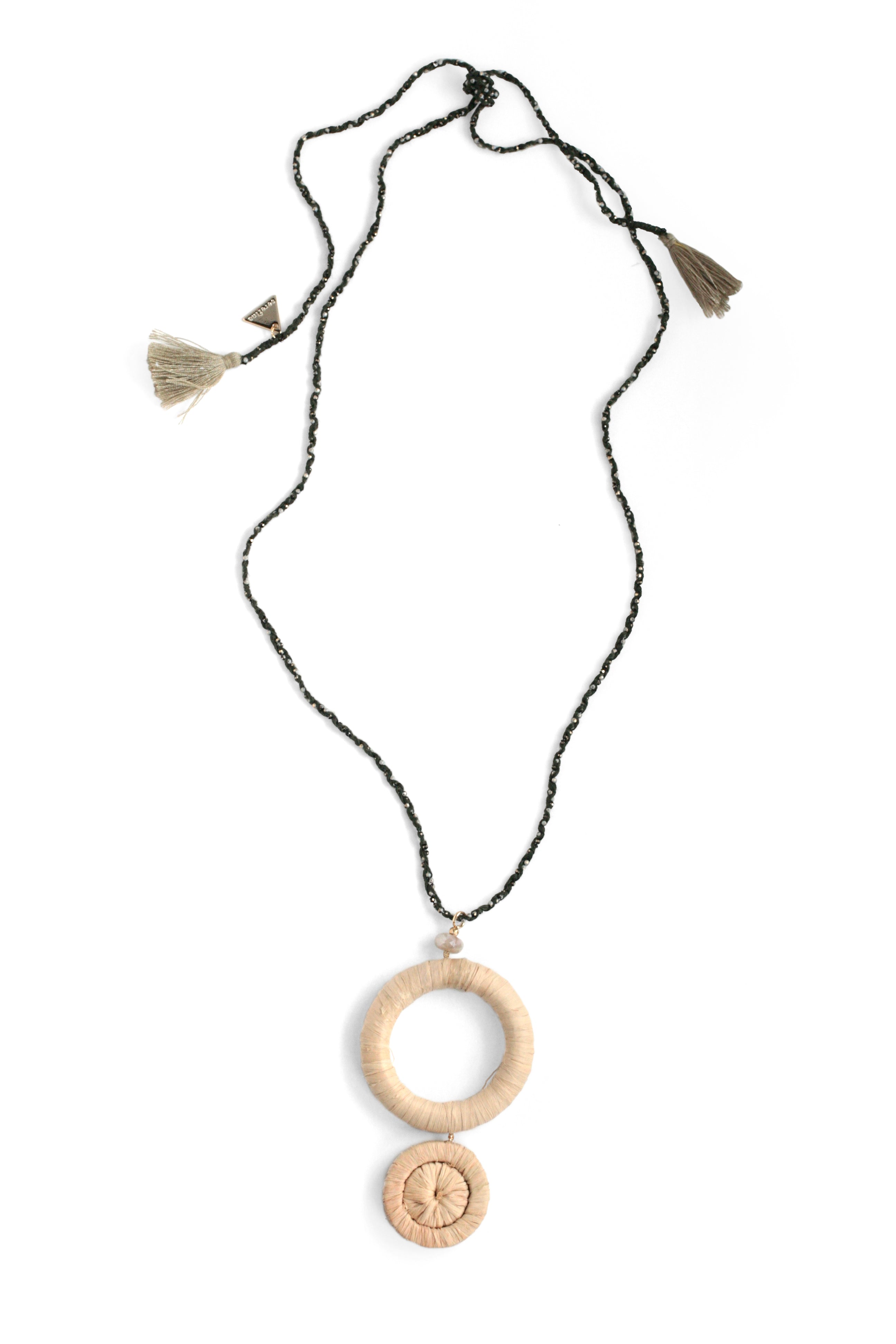 Elegant Raffia Circle Pendant Necklace with Genuine Moonstone & Pearl - Perfect for Boho Chic Outfits and Special Occasions
