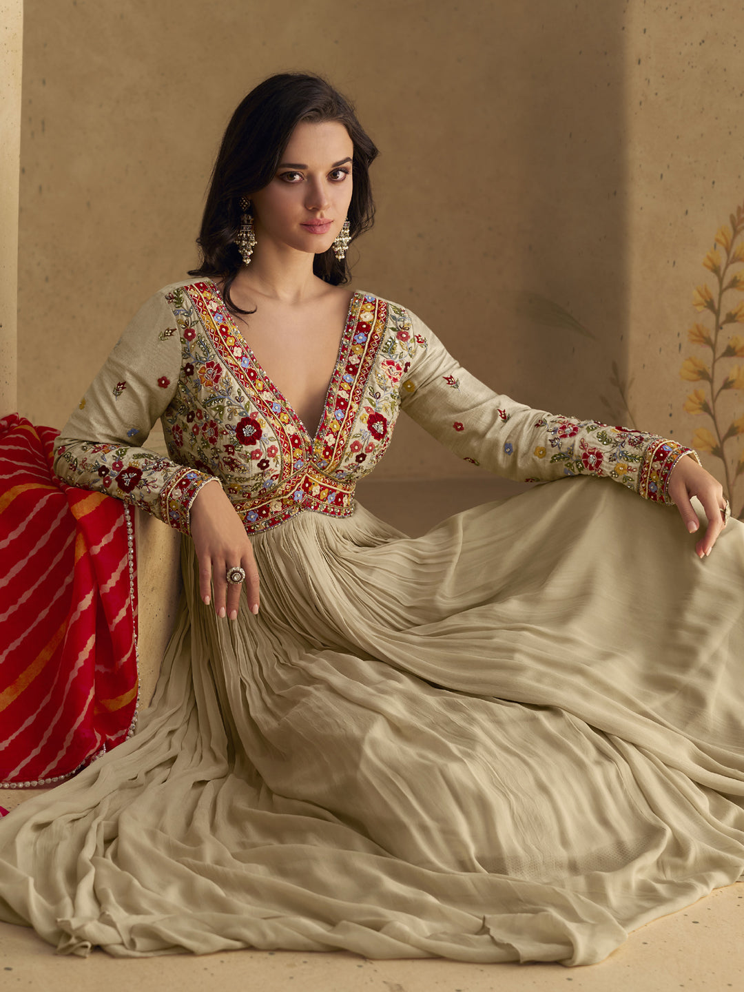 Elegant Beige Designer Ready-Made Georgette Heavy Gown with Dupatta - Perfect for Weddings, Parties & Special Occasions