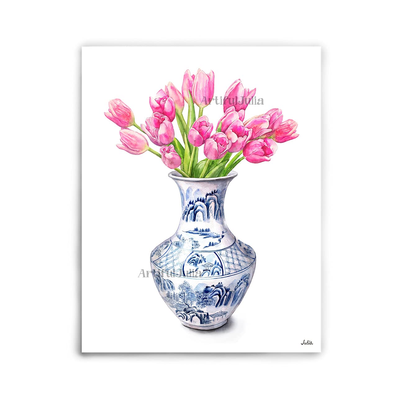 Tulips Watercolor Painting - Floral Wall Art Prints with Chinese Blue Vase & Pink Flowers - Chinoiserie Home Decor for Living Room, Bedroom & Office