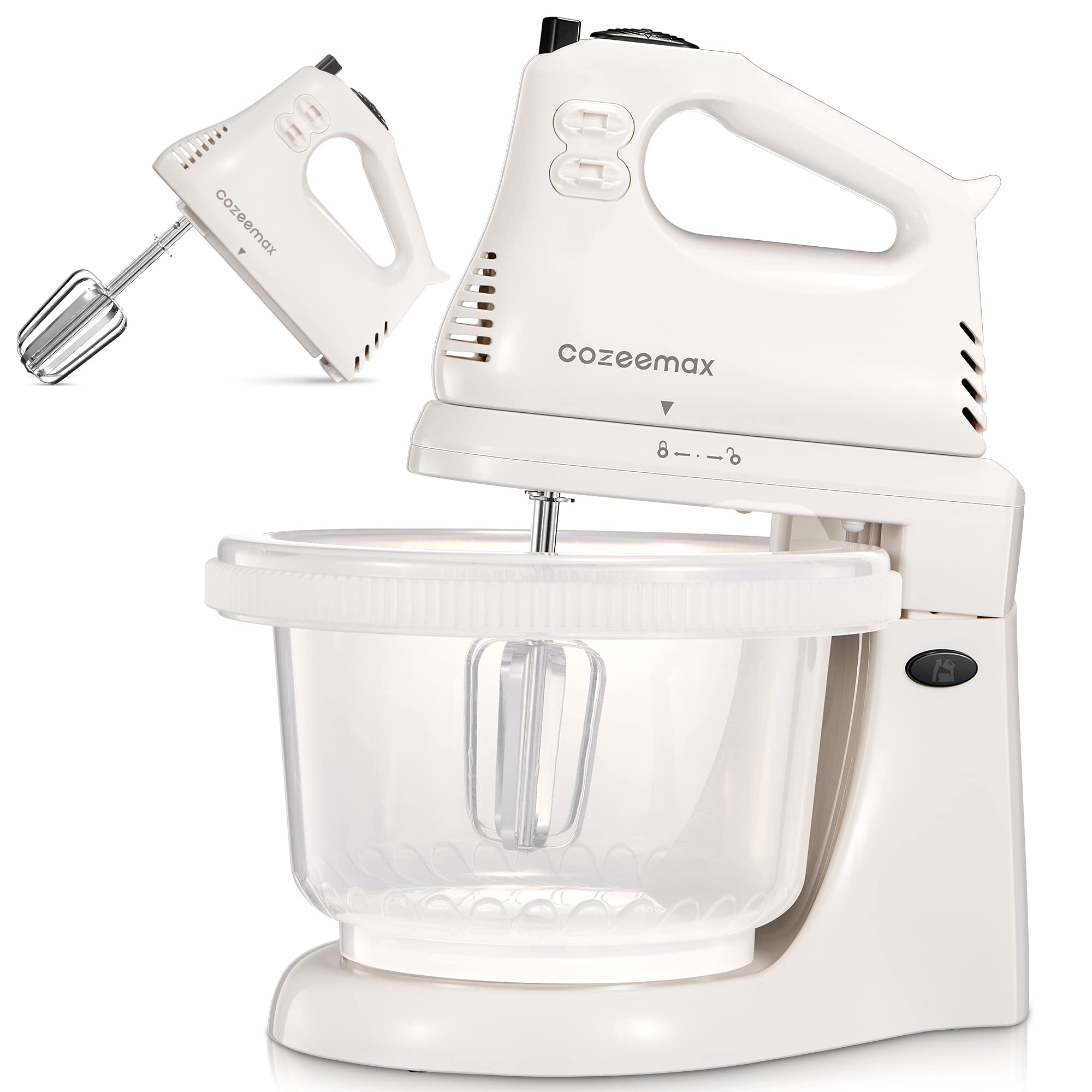 2 in 1 Electric Hand Mixer & Stand Mixer with 3 Quart Bowl - Powerful Kitchen Mixer with Dough Hooks & Beaters for Baking, Frosting, Meringues - Perfect for Cakes, Cookies & Bread Making (White)