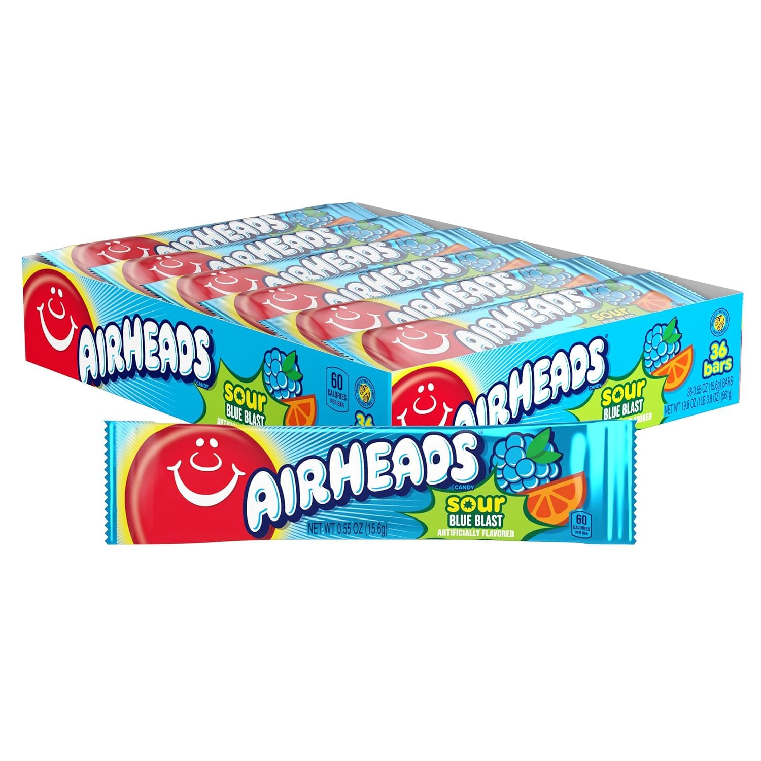 Sour Blue Blast Airheads Full-Size Taffy Candy Bars - 36 Individually Wrapped Pieces | Perfect for Halloween Treats, Party Favors & Office Snacks