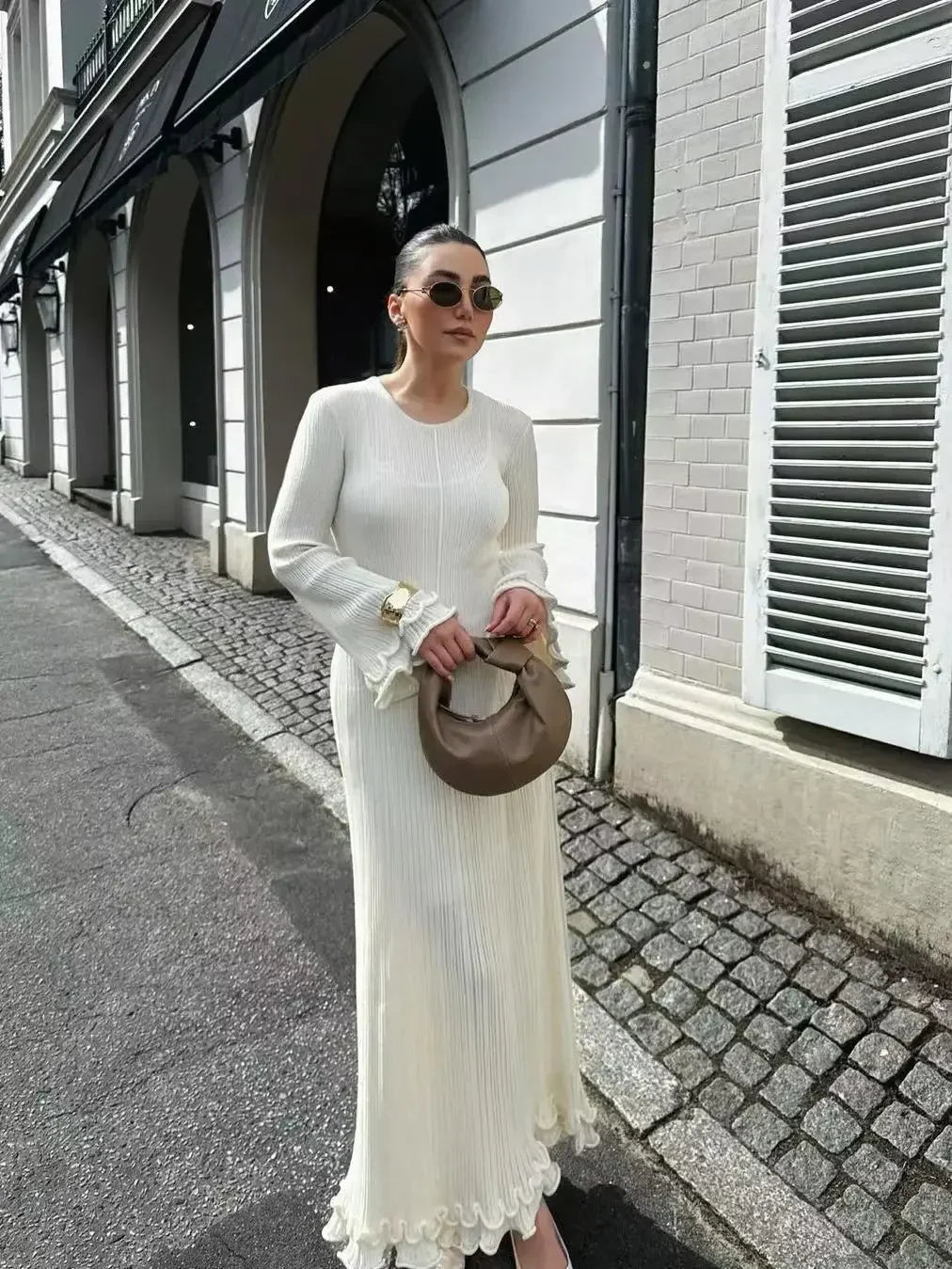 Elegant White Flared Sleeve Knit Dress for Women - Crew Neck Slim Fit Summer Party Dress | Perfect for Cocktail Parties, Date Nights & Office Wear