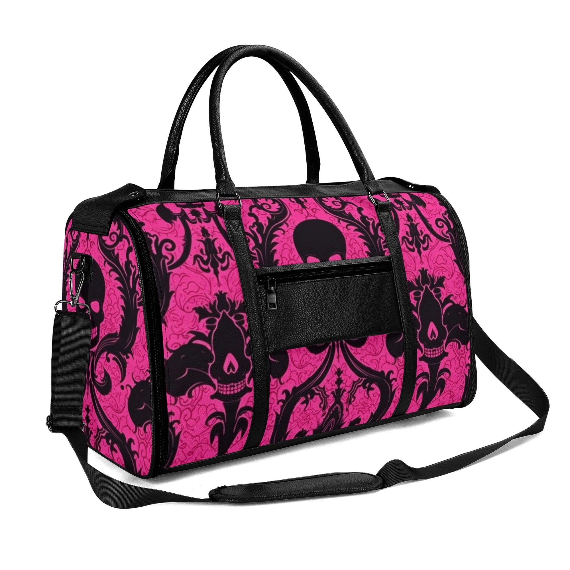 Gothic Skull Print Pink Foldable Leather Duffle Bag for Women - Travel Gym Weekend Getaway Carry On Luggage
