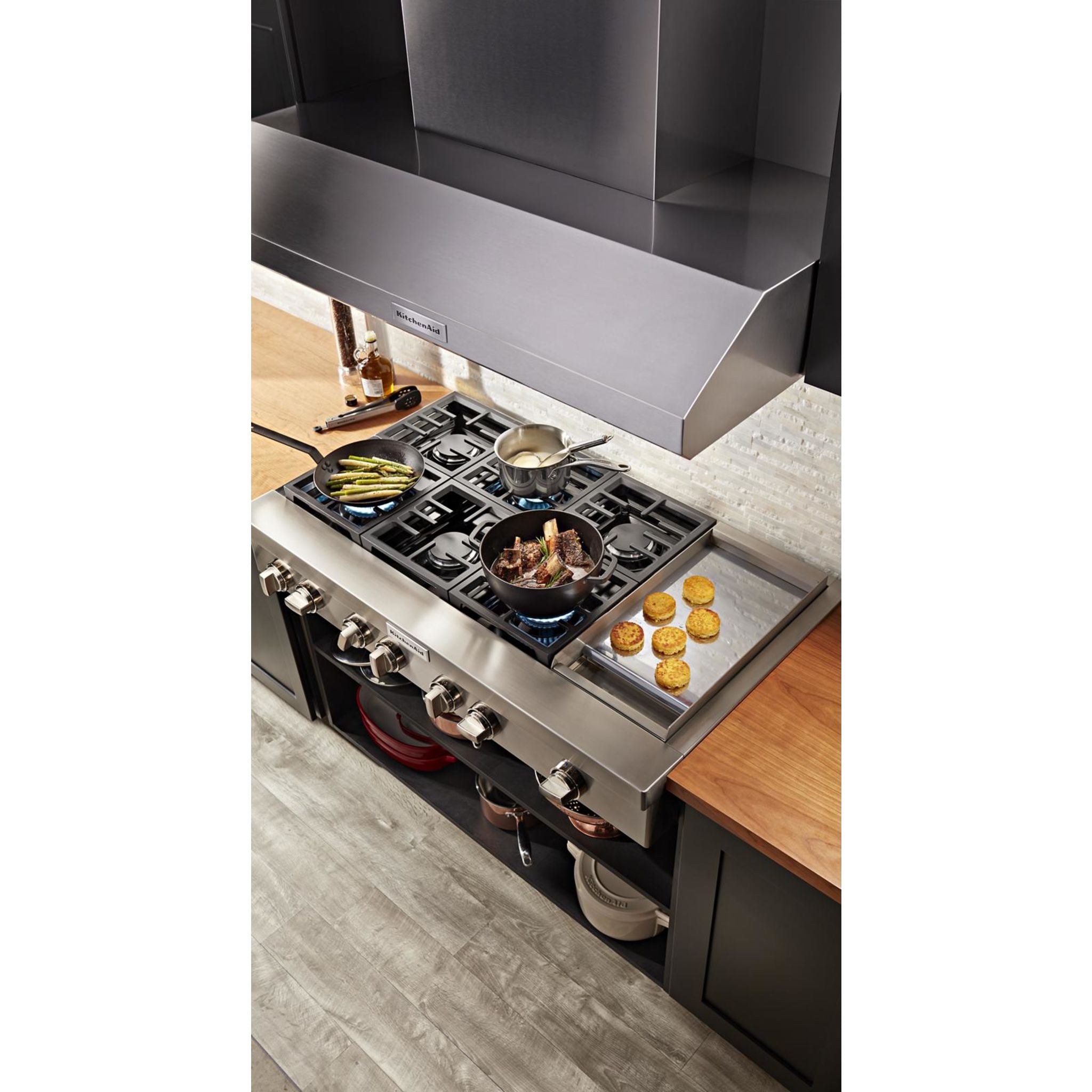 KitchenAid 48 Inch 5 Burner Gas Cooktop with Continuous Grates - Stainless Steel (KCGC558JSS) | Perfect for Home Chefs & Modern Kitchens