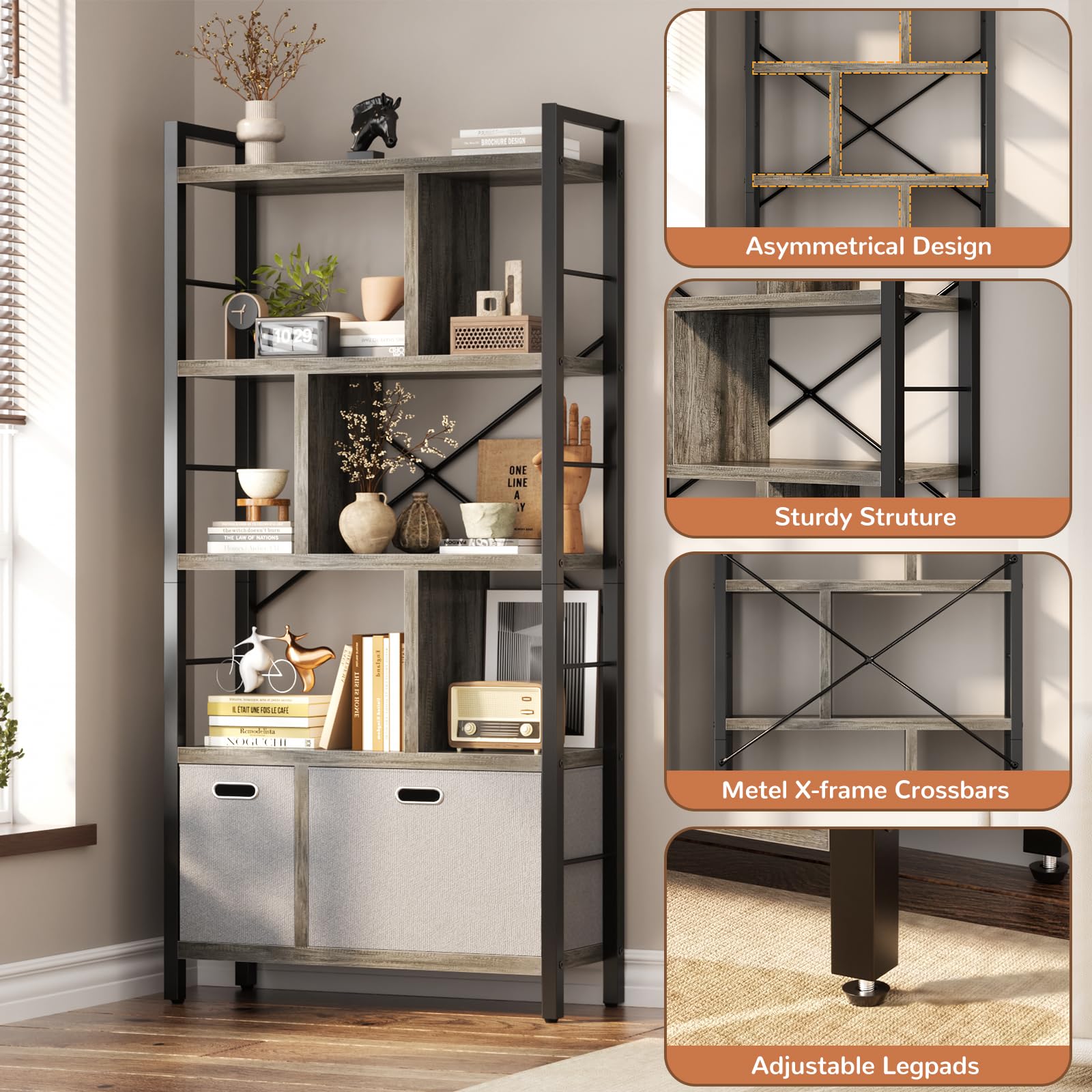 Armocity 5-Tier Tall Bookshelf with Drawers - Wood & Metal Bookcase for Living Room, Bedroom & Office Storage