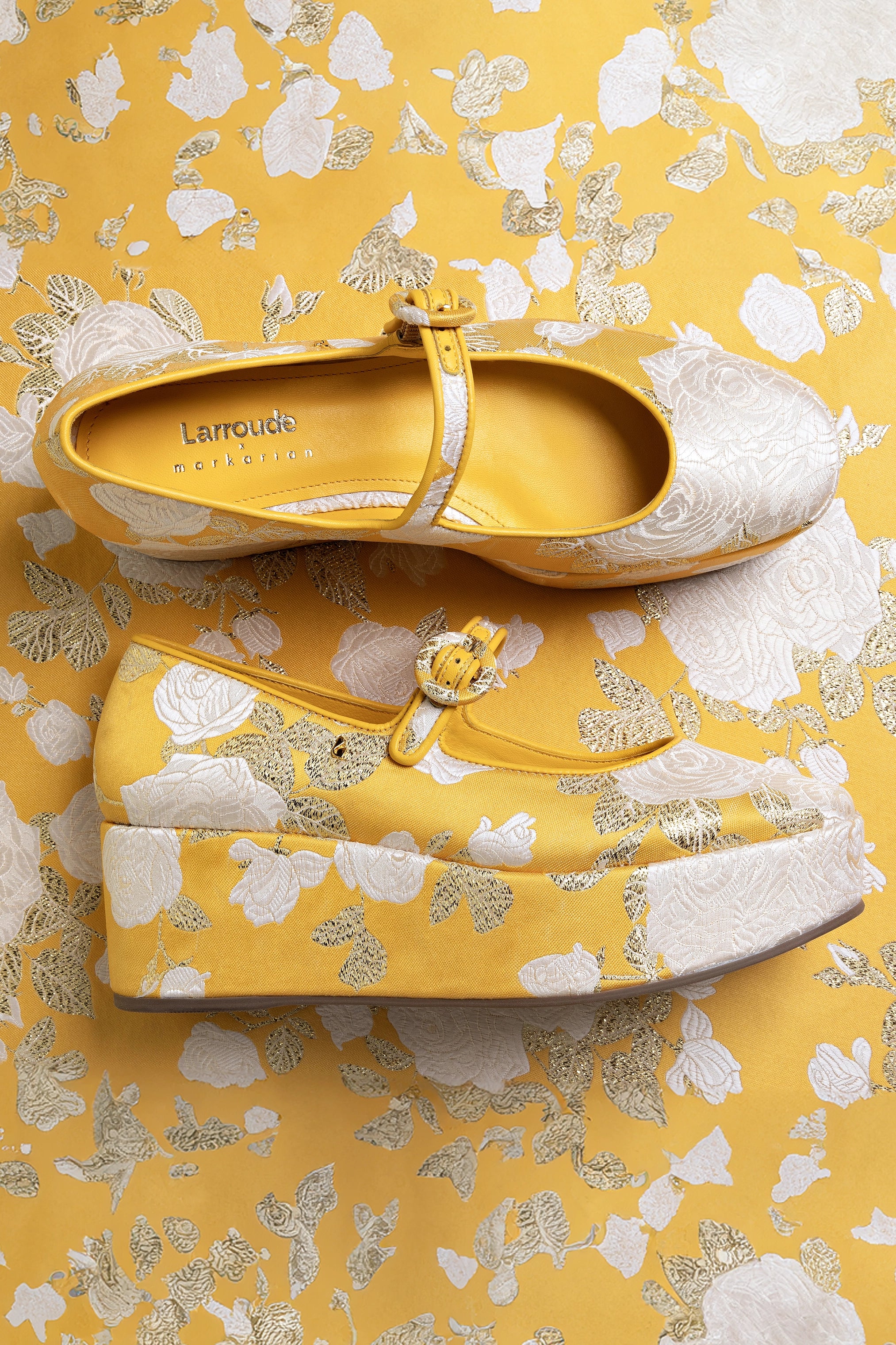 Larroudé x Markarian Blair Flatform Sandals in Yellow Floral Brocade - Women's Fashion Shoes for Summer Weddings & Beach Vacations