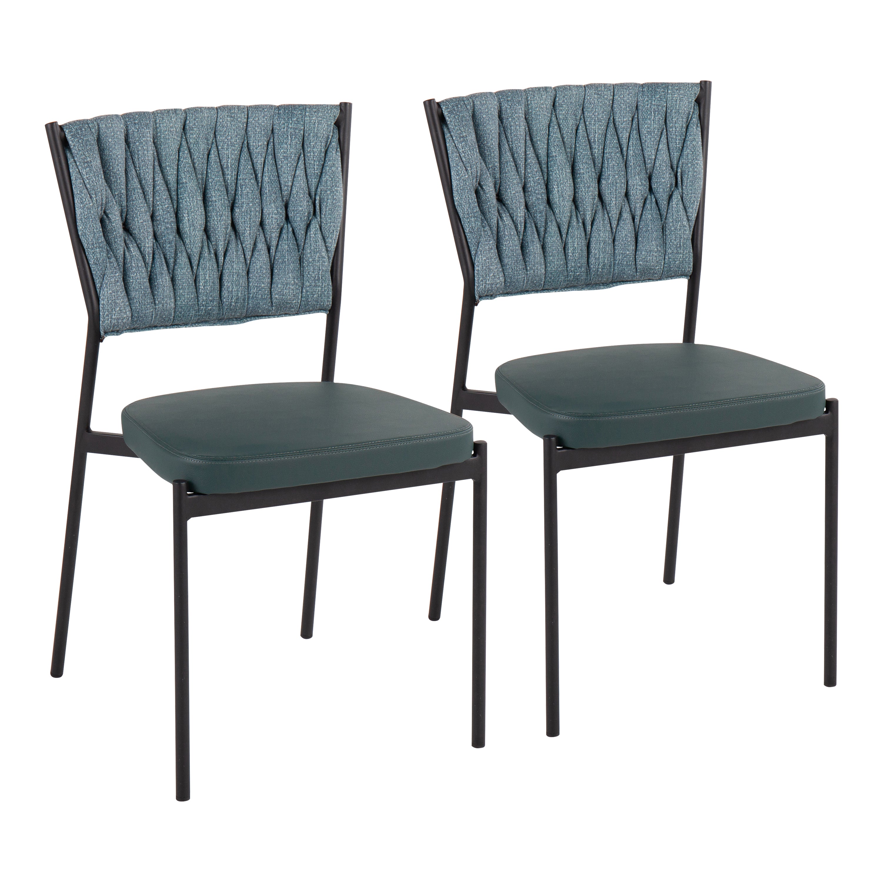 LumiSource Braided Tania Contemporary Chair Set of 2 - Black Metal Frame with Green Faux Leather & Sea Green Fabric Upholstery - Perfect for Living Room, Dining Room, or Office Decor