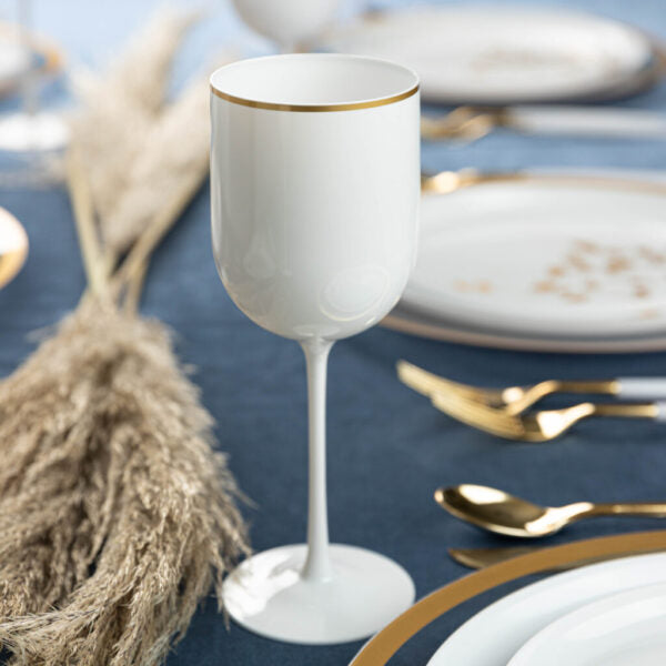 12 Oz White Plastic Wine Goblets with Gold Rim - Set of 5 - Shatterproof & Elegant for Outdoor Parties, Weddings, and Picnics