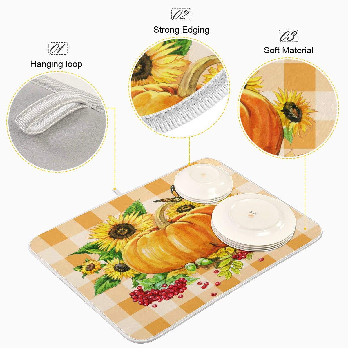 Sunflower Autumn Pumpkin Microfiber Dish Drying Mat - Absorbent Kitchen Counter Protector, 16x18 Inch, Perfect for Countertops, Sink Areas, and Dish Racks