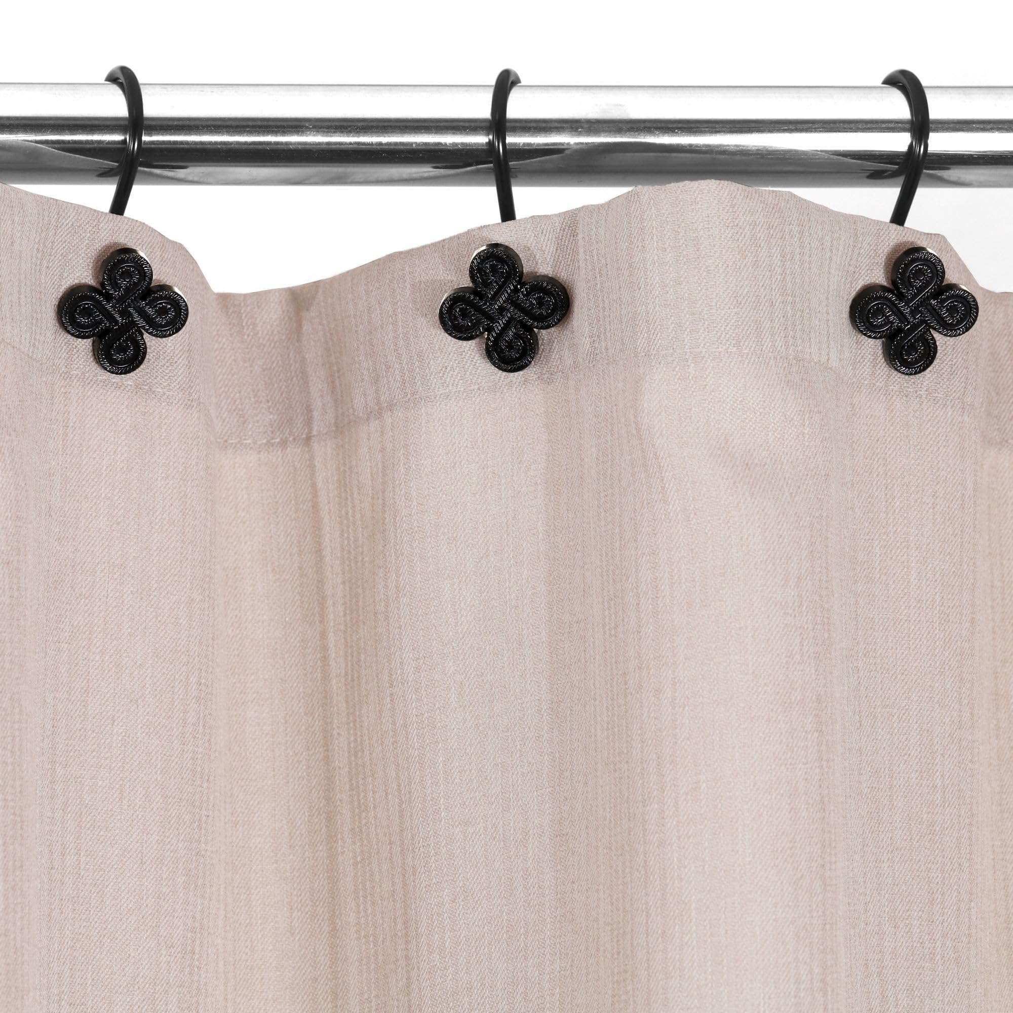 Rust-Proof Metal Shower Curtain Hooks - Set of 12 Black Flower Clover Design Bathroom Accessories for Shower Rod | Durable Decorative Hangers for Bath, Spa & Guest Room Decor