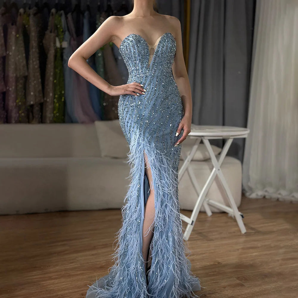 Elegant Blue Feather Beaded Evening Gown with Side Slit - LA72695 | Perfect for Prom, Gala & Formal Events