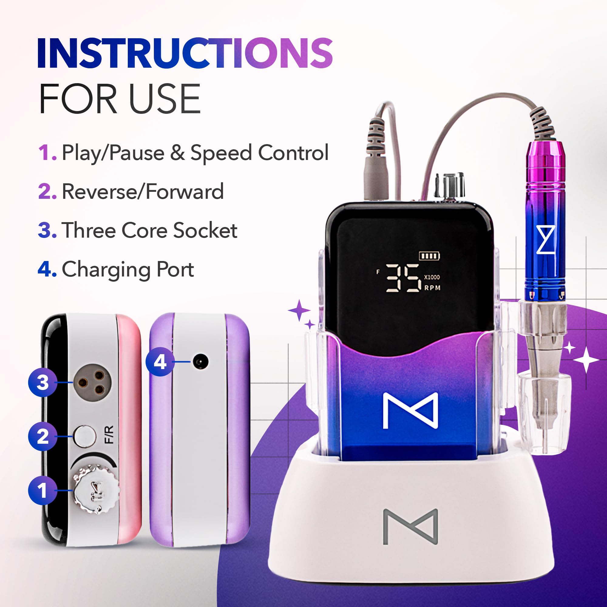 Professional Nail Drill Machine - Coreless 2-in-1 Electric Nail File, Cordless 35000 RPM with HD Display - Perfect for Salon & Home Manicures - Unicorn Pink & Blue Design