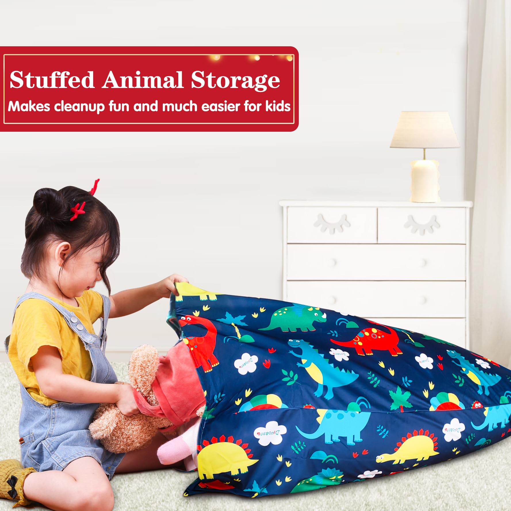 Dinosaur Stuffed Animal Storage Bean Bag Chair Cover for Kids & Adults - 200L/52 Gal Large Capacity Organizer | Perfect for Playrooms, Bedrooms & Dorm Decor