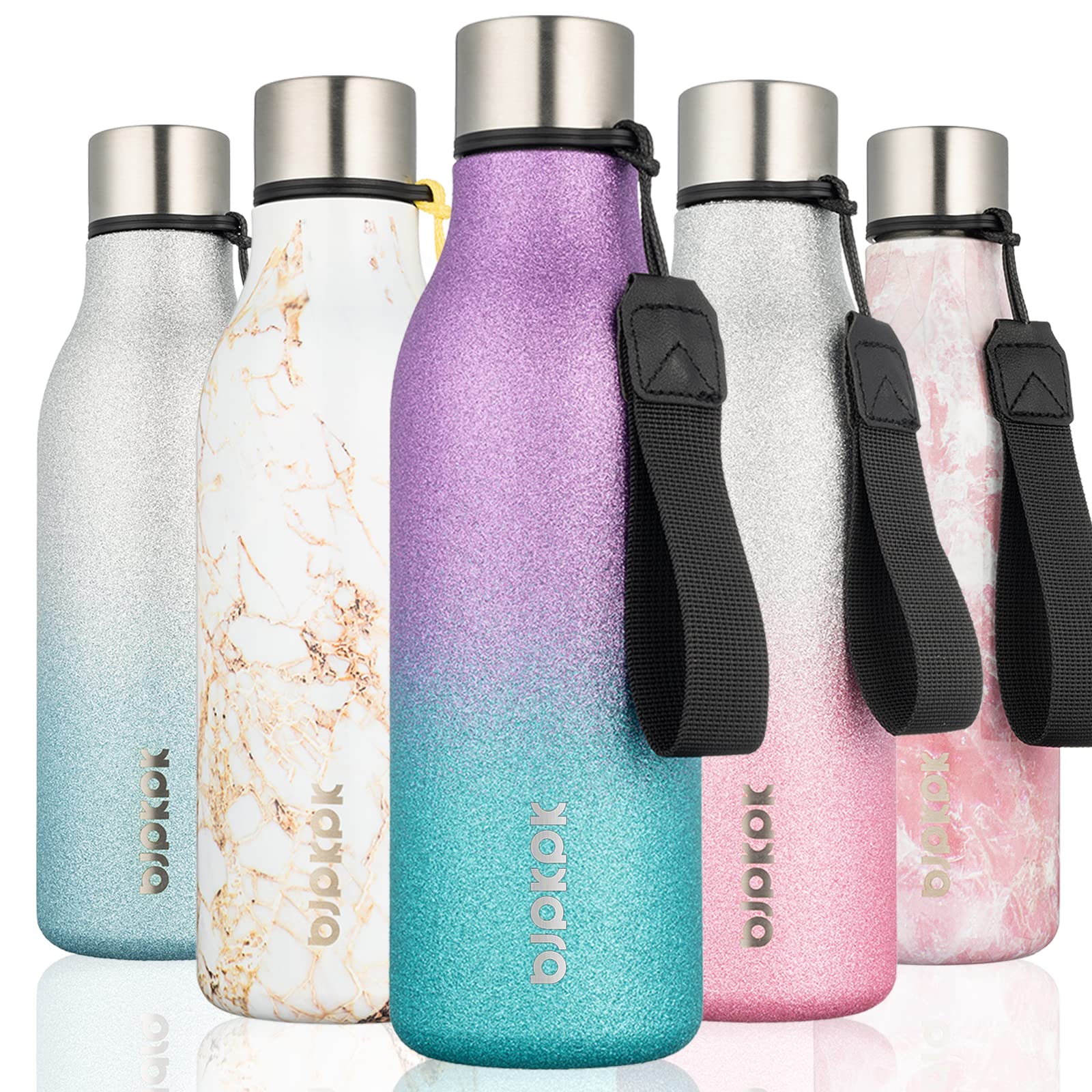 BJPKPK 18 oz Insulated Stainless Steel Water Bottle with Strap - BPA Free, Leak Proof Thermos for Sports, Gym, Hiking & Travel - Reusable Metal Water Bottle in Sparkling Purple & Green - Perfect for Outdoor Adventures, Workouts and Daily Hydration