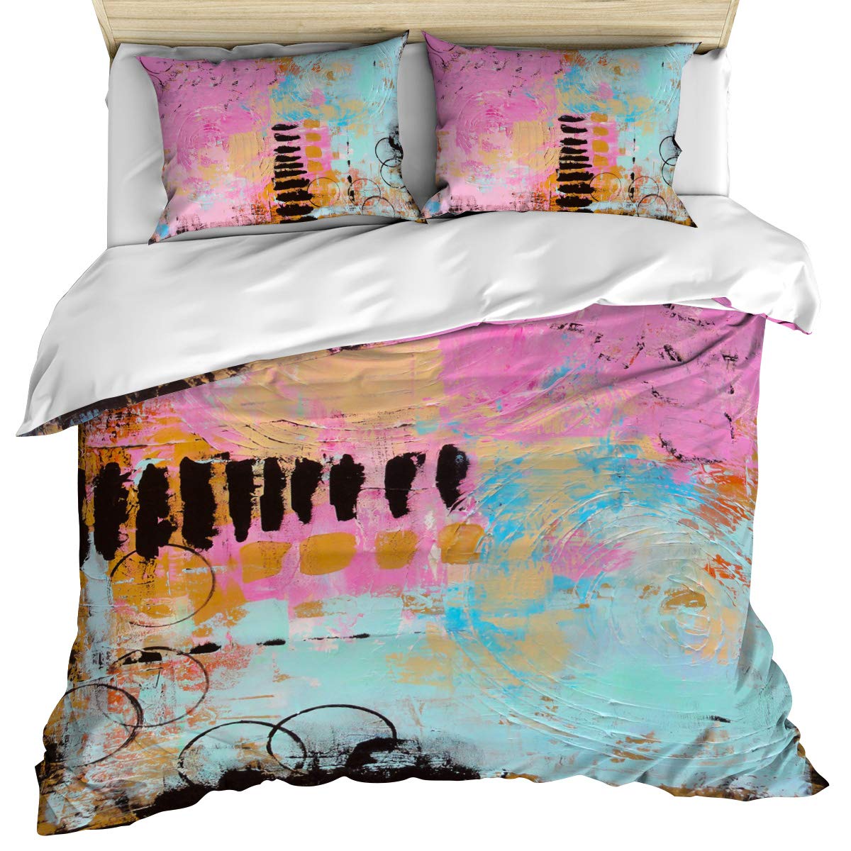 Luxury Full Size Duvet Cover Set - 3 Piece Abstract Painting Pattern Bedding with Pillow Shams | Soft Cotton Blue Pink Black Comforter Cover | Machine Washable & Cozy for Master Bedroom, Guest Room & Dorm Decor