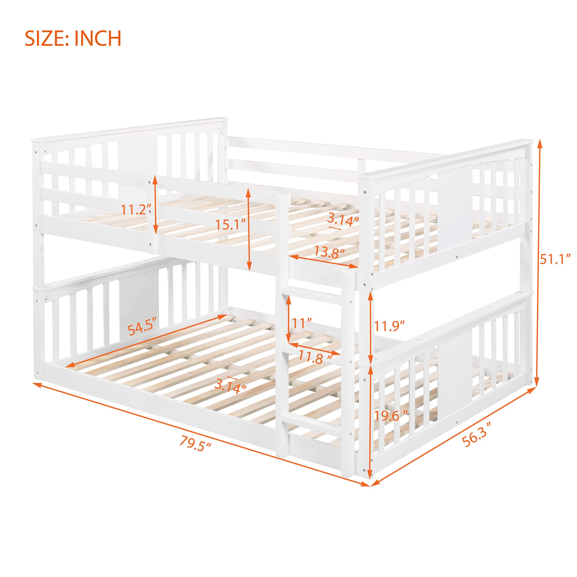 LZ LEISURE ZONE Full Over Full Bunk Bed with Ladder - Solid Wood Low Profile Bunk Bed Frame, No Box Spring Required - Perfect for Kids' Bedroom, Guest Room & Small Spaces (White)
