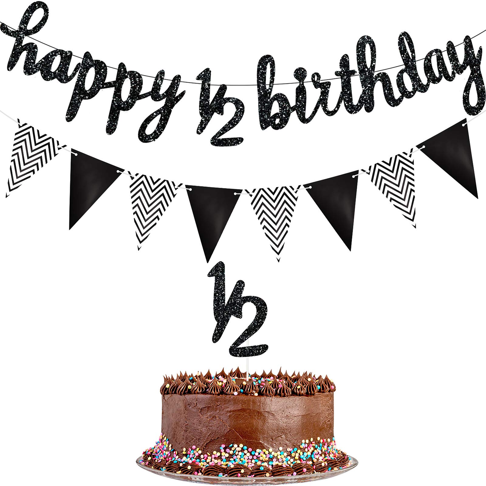 3 Pcs Half Birthday Decorations Set - 6 Months Happy 1/2 Birthday Banner, Glitter Cake Topper & Triangle Flag Banner for Baby Shower, Party & Photoshoot Props (Black) - Perfect for First Birthday Celebrations, Monthly Milestones & Instagram Photo Backdrops