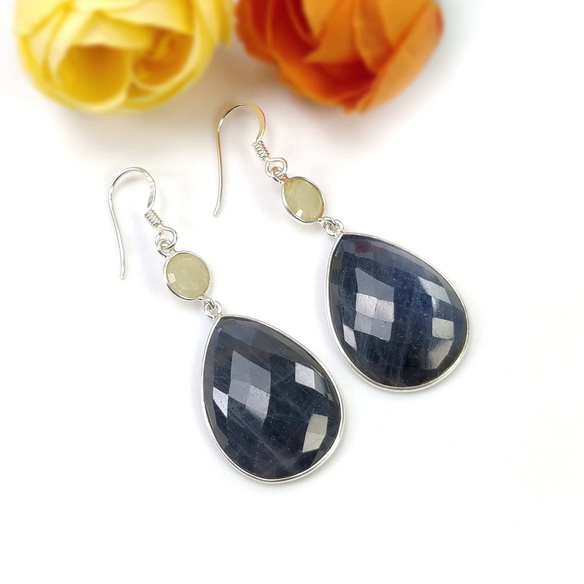 Natural Blue Yellow Sapphire Gemstone Earrings - 10.64gms Genuine Sapphire, 925 Sterling Silver Drop Dangle Bezel Set Hook Earrings (2.25 Inch) for Women - Perfect for Weddings, Parties & Special Occasions