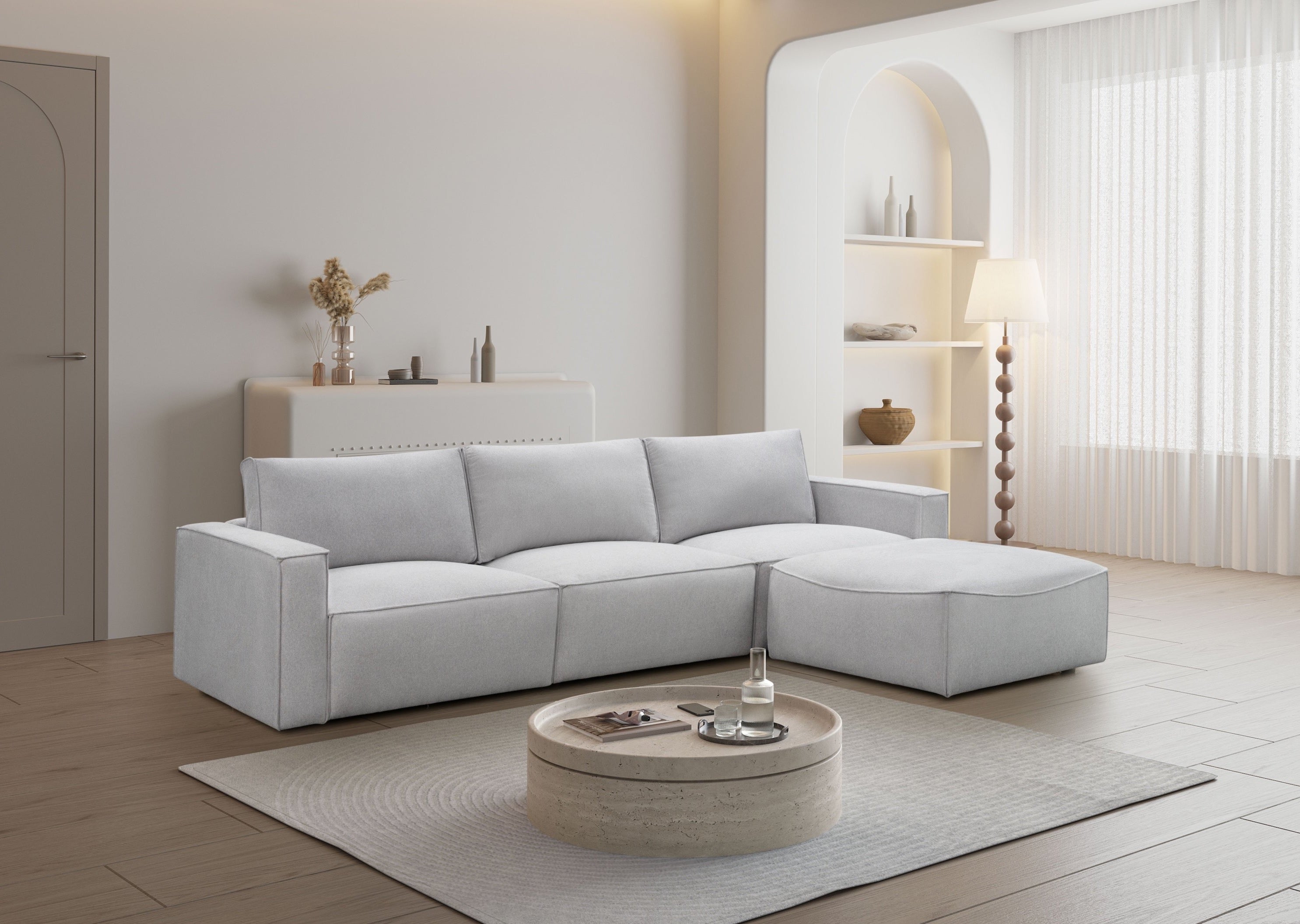 Maui 3-Seater Sofa with Ottoman - Premium Elk Stone Fabric - Modern Living Room Furniture for Home & Office Comfort