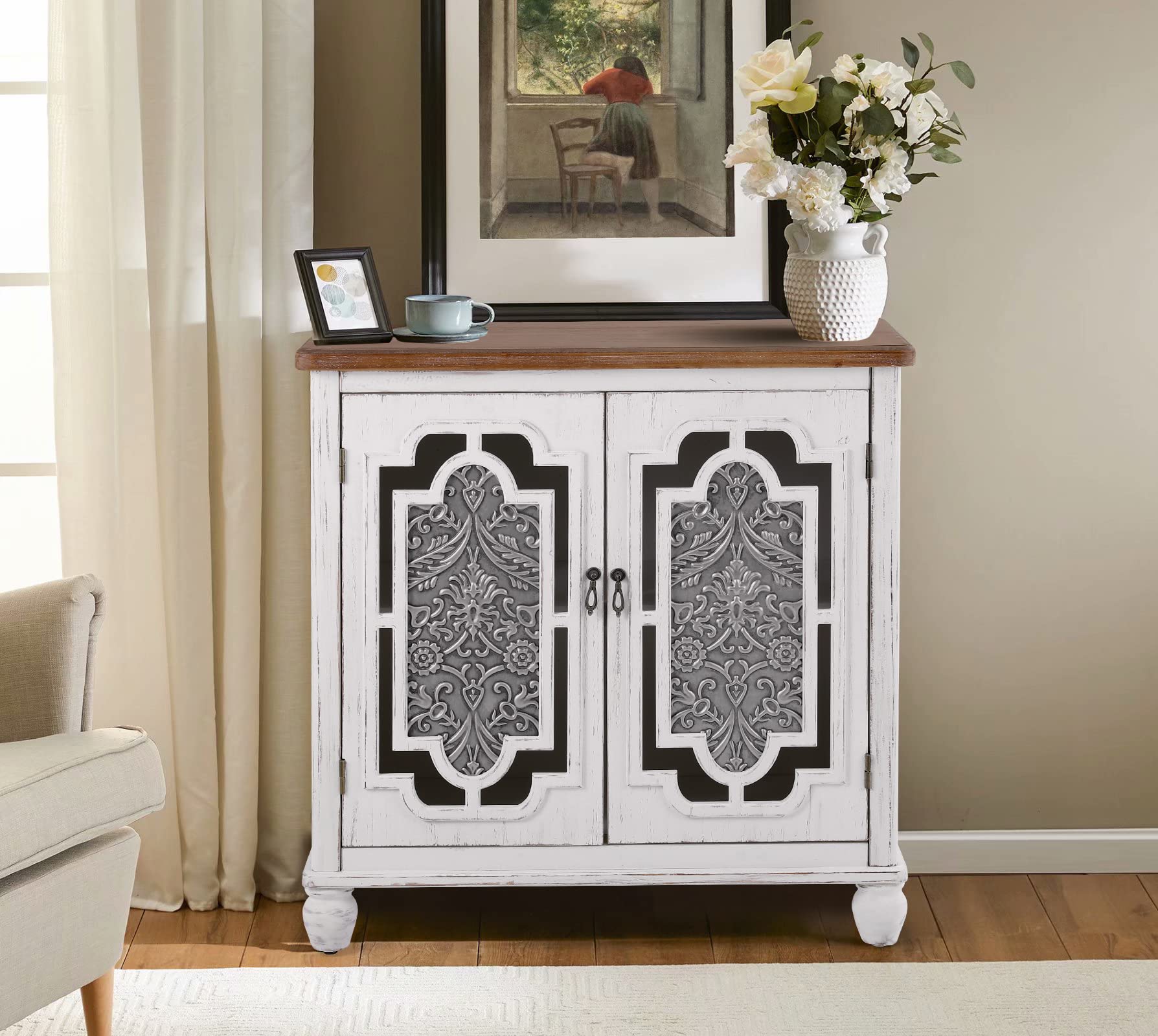 Distressed White Farmhouse Accent Cabinet with 2 Aluminum Embossed Doors - Rustic Storage & Display Cabinet for Living Room, Bedroom, Entryway - Perfect for Home Decor & Organizing Blankets, Books & Decorative Items