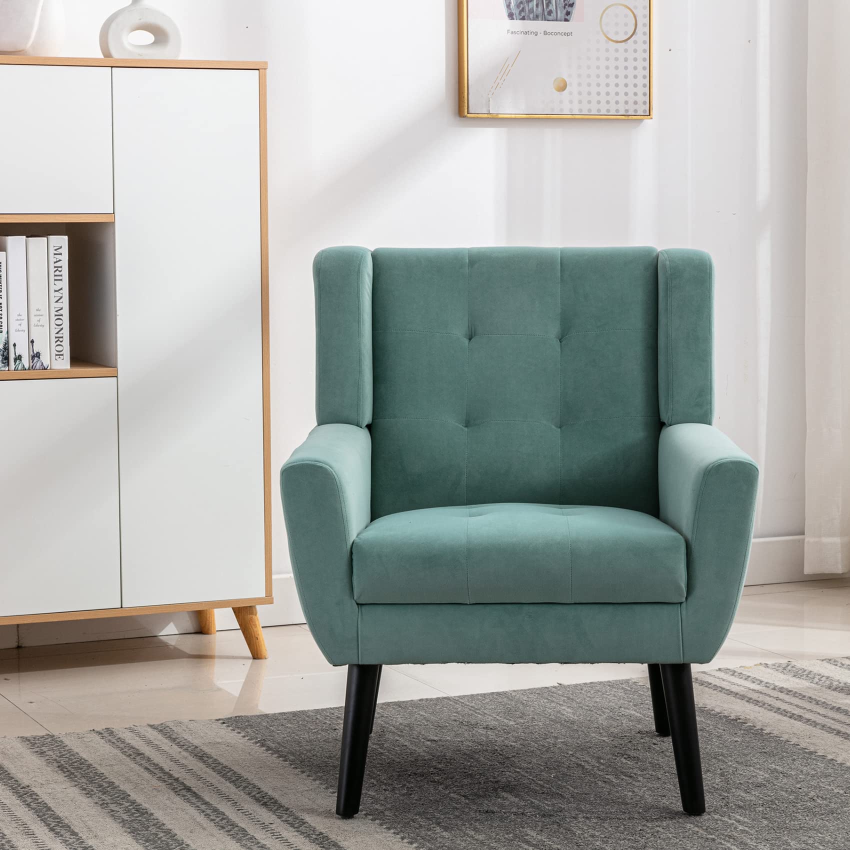 Midcentury Modern Velvet Accent Chair with Arms - Tufted Back Upholstered Reading Side Chair for Living Room, Bedroom & Office - Mint Green Wingback Lounge Chair for Relaxing & Home Decor