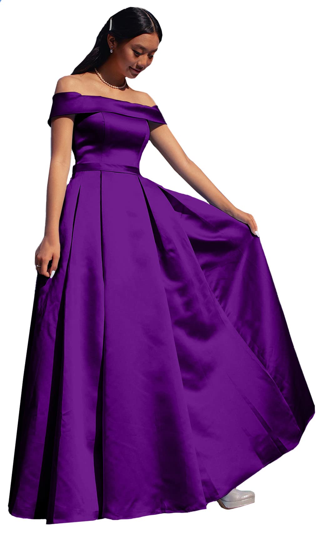 ANGELWARDROBE Women's Long Off Shoulder Prom Dresses - Elegant Satin A-Line Formal Evening Gowns with Slit Pockets for Homecoming, Wedding, and Party Occasions