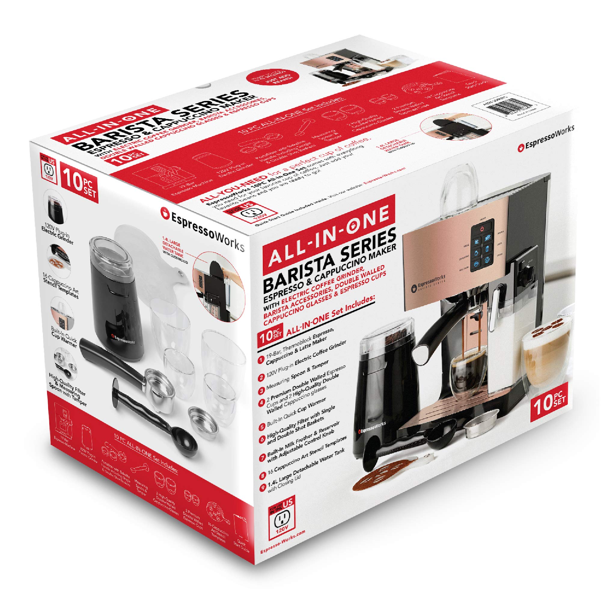 EspressoWorks 19-Bar Professional Espresso Machine with Milk Frother - 10-Piece All-in-One Coffee Maker Set for Latte & Cappuccino - 1250W Fast Heating - Perfect for Home & Office Use - Rose Gold (Ideal Coffee Gift Set)