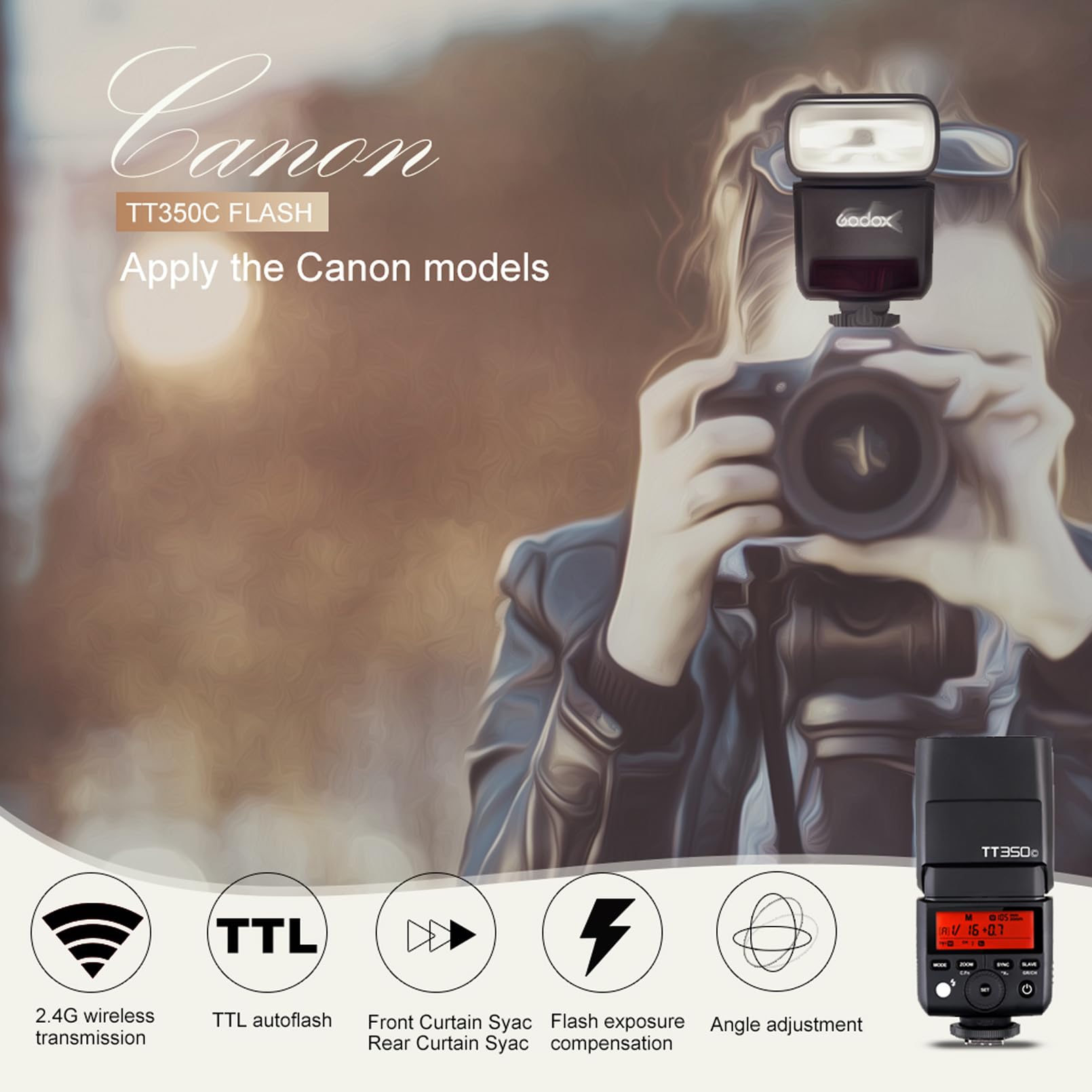 Godox TT350C Mini TTL Flash Speedlight for Canon - 2.4G Wireless GN36 HSS 1/8000s | Compact Camera Flash Compatible with Canon DSLR/Mirrorless | Perfect for Portrait, Wedding & Event Photography