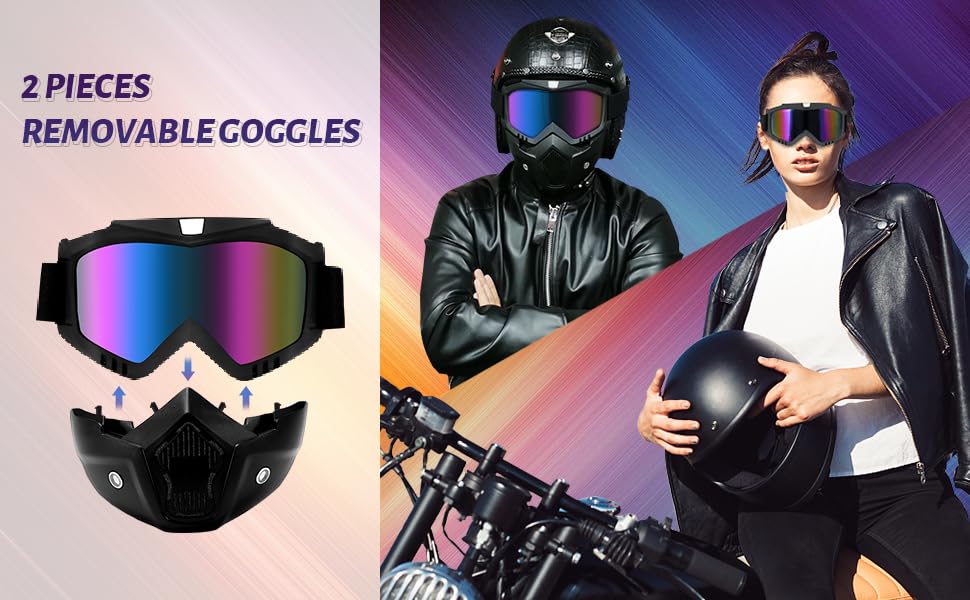 KARTVILLA SKYVILLA Motorcycle Goggles with Detachable Face Mask - Anti-Scratch UV Protective Visor, Adjustable Elastic Strap for Bike Riding & Helmet Use (Rainbow Lens) - Perfect for Off-Road Cycling, Motocross & Outdoor Adventures