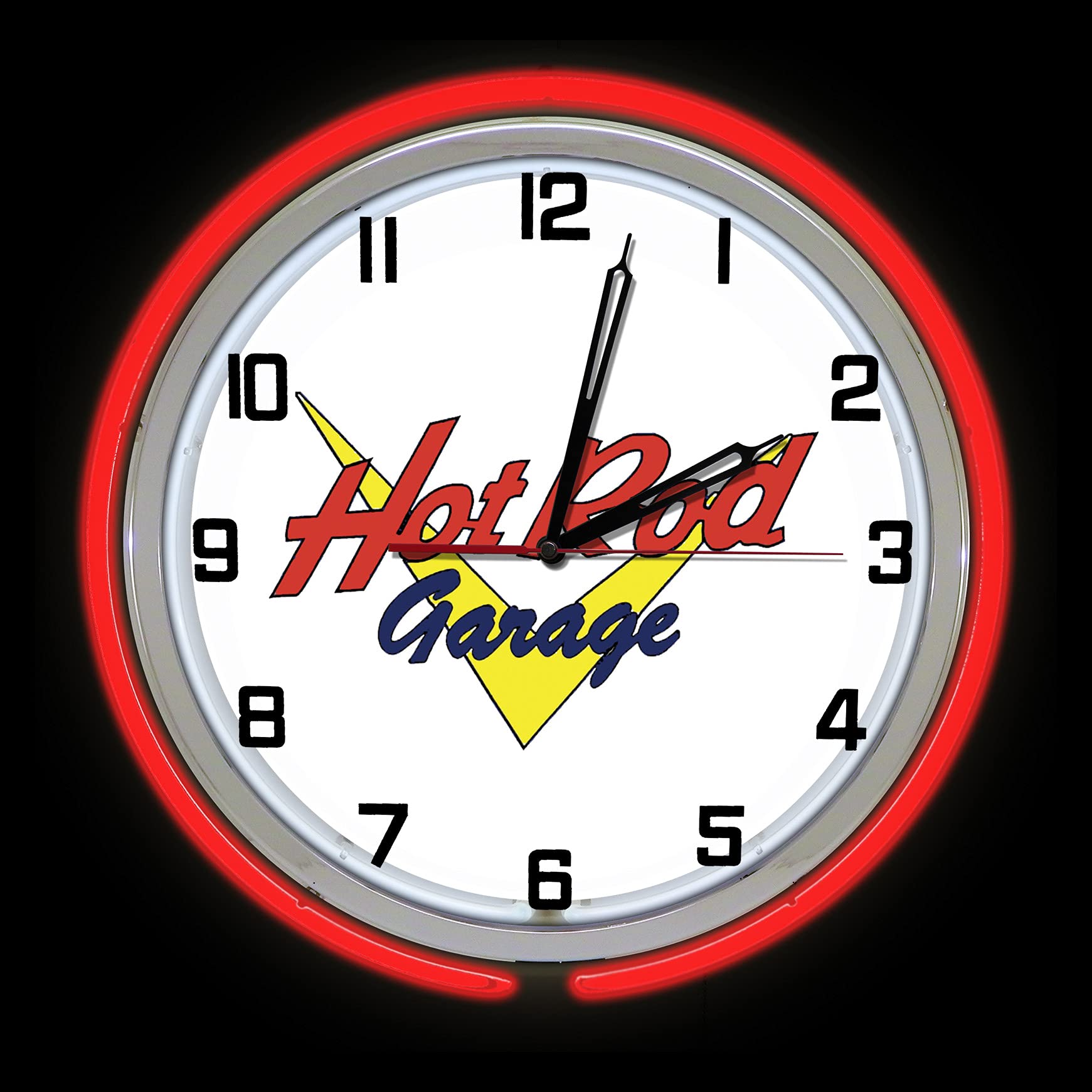 19-Inch Hot Rod Garage Sign Double Neon Clock with Two Neon Tubes - Red Outer Tube for Man Cave, Automotive Workshop & Retro Home Decor
