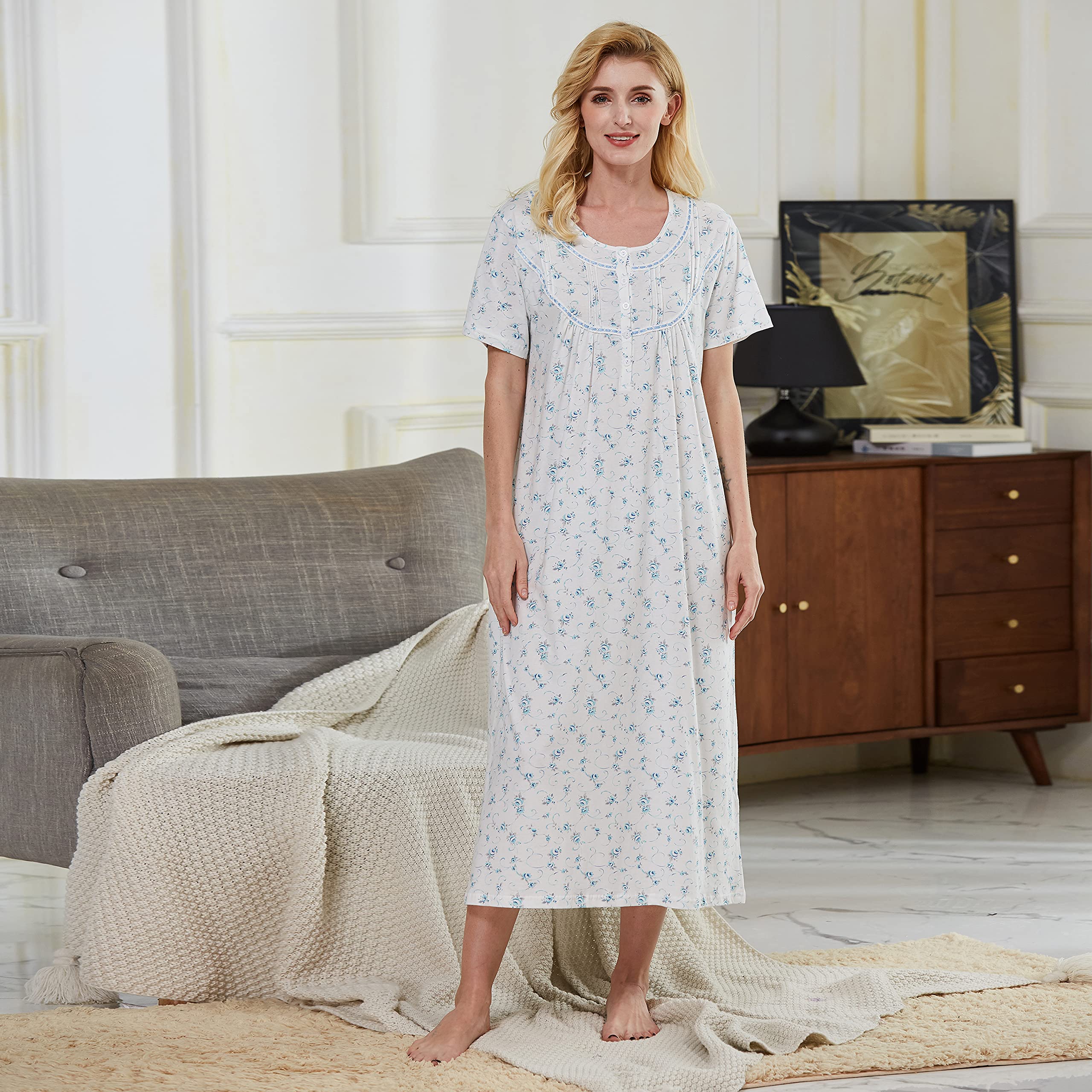 Keyocean Women's 100% Cotton Short Sleeve Nightgown - Soft & Lightweight Sleepwear for Women, Perfect for Summer Nights & Lounge Wear at Home