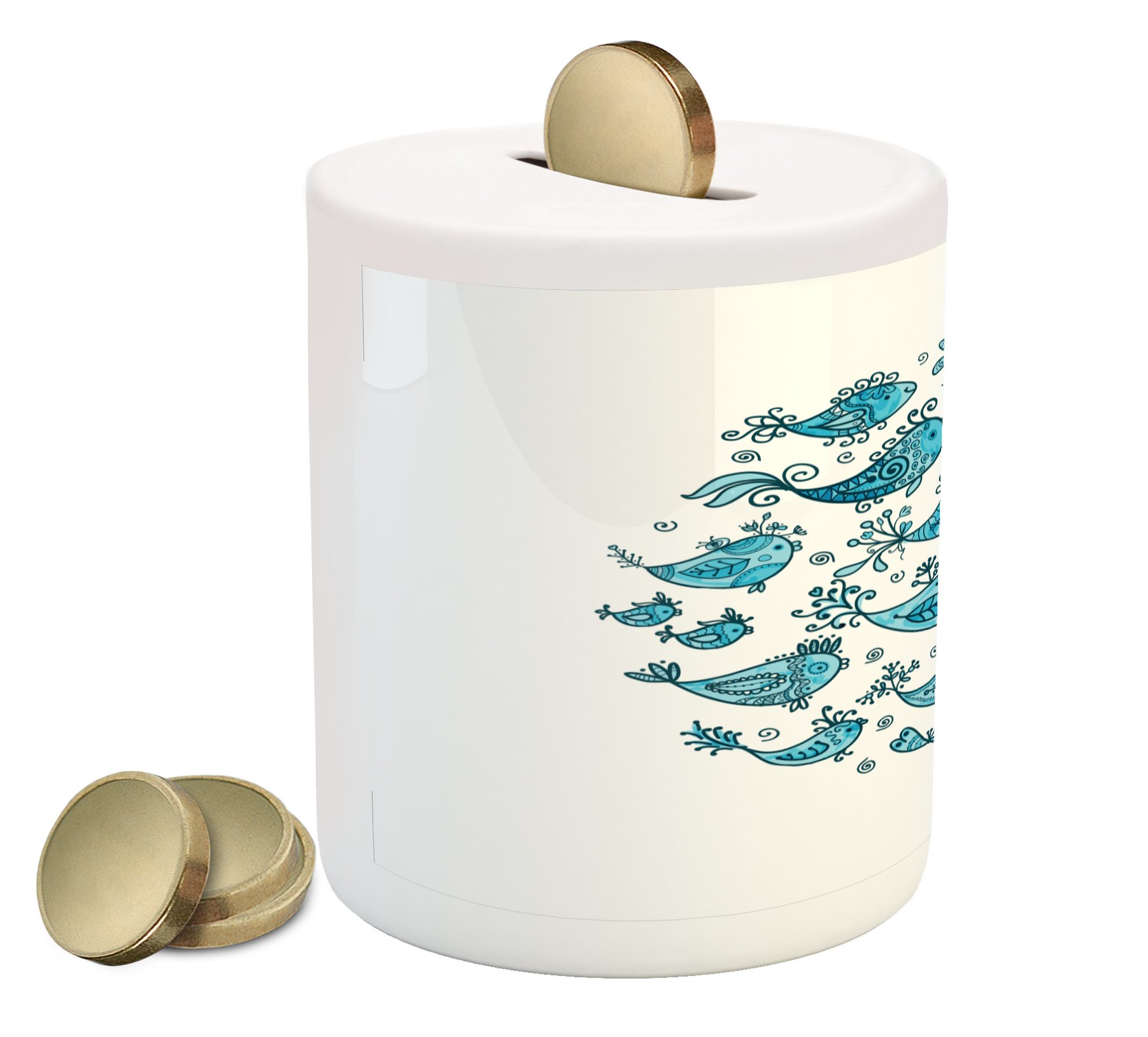 Ambesonne Ceramic Fish Piggy Bank - Blue and White Floral Coin Money Box for Cash Saving, 3.6