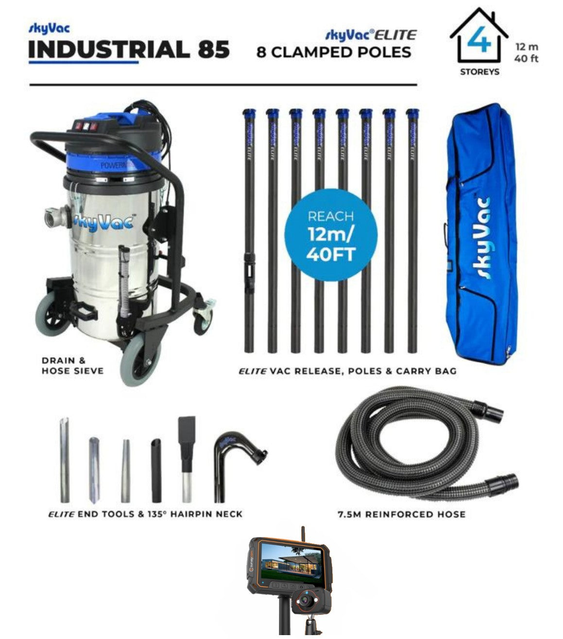 SkyVac® 85 Elite Industrial Gutter Cleaning System - Professional Roof & Drain Vacuum for Home & Commercial Use | Heavy-Duty Debris Removal for Gutters, Downspouts & Flat Roofs