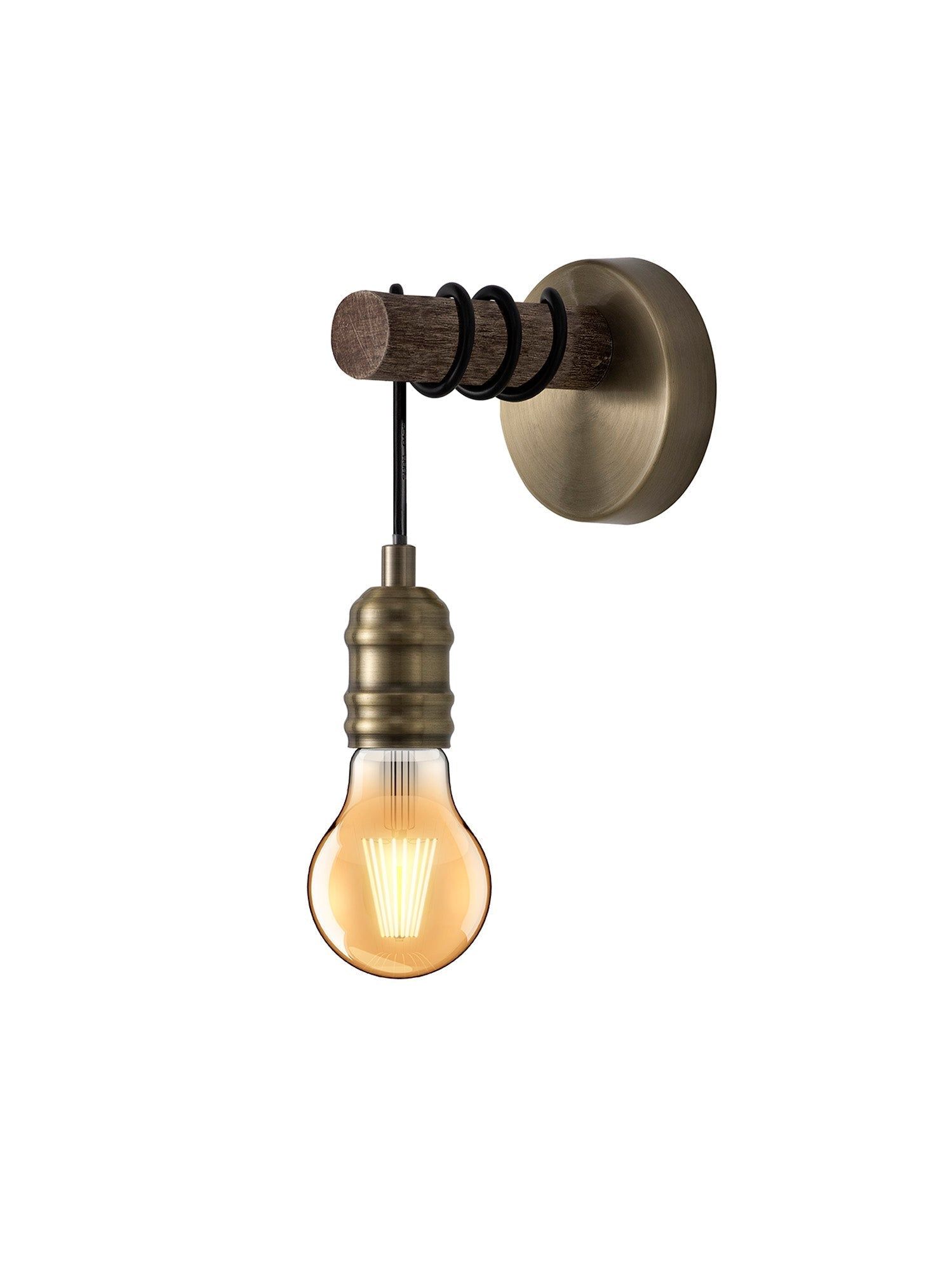 Ambover Wall Lamp with E27 Socket - Medium Oak & Antique Brass Finish IP20 Rated for Bedroom, Living Room, or Hallway Lighting