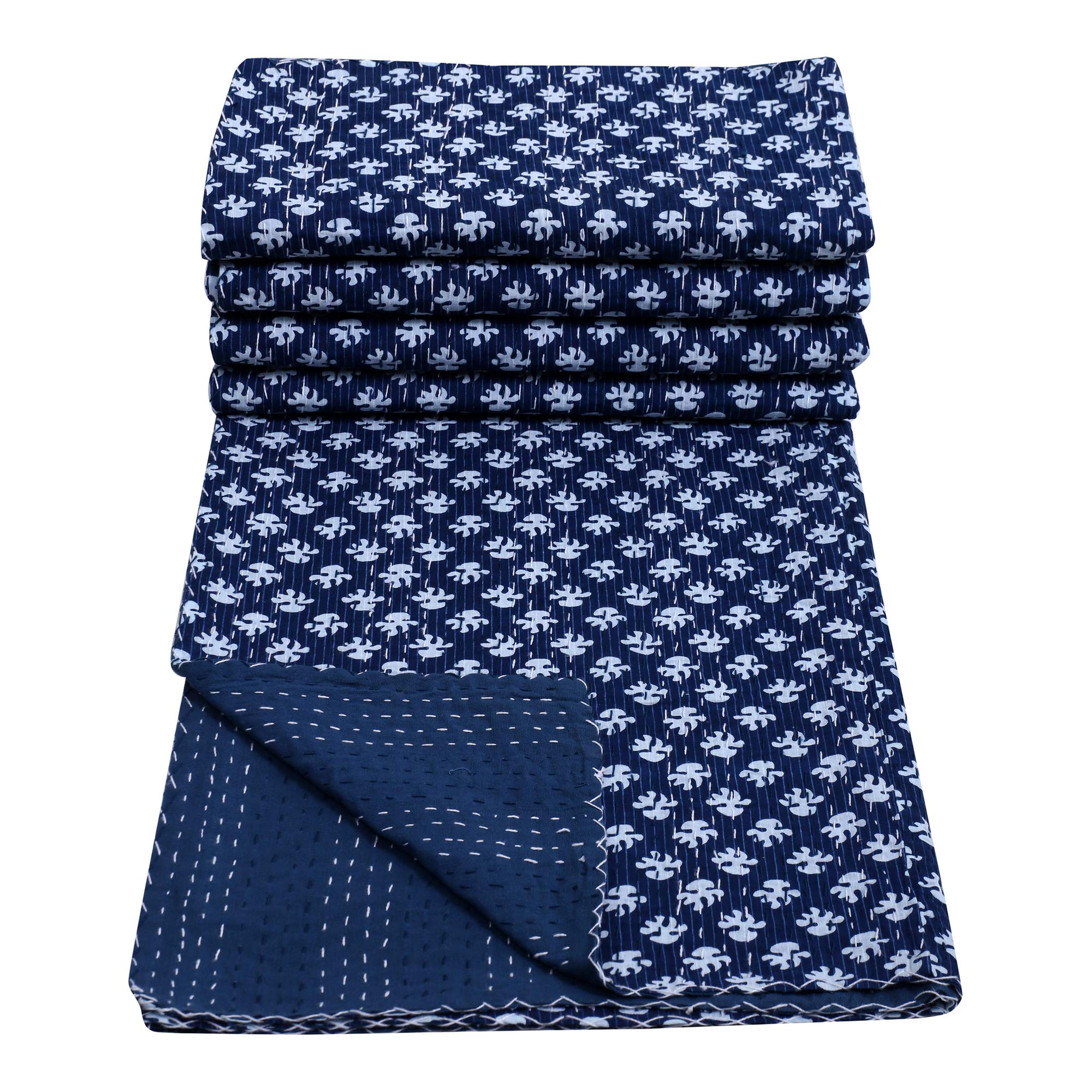 Handmade Indian Block Print Kantha Quilt - Queen Size Cotton Throw Blanket & Bedspread (Blue Block Design, 90x60 Inches) - Perfect for Boho Bedroom Decor, Cozy Sofa Throws & Unique Gift Ideas