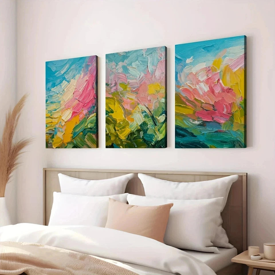 3-Piece Abstract Nature Wall Art Set - Blue, Pink & Yellow Canvas Prints (50x70cm) | High-Quality Framed & Ready to Hang | Australian Made | Perfect for Living Room, Bedroom & Office Decor