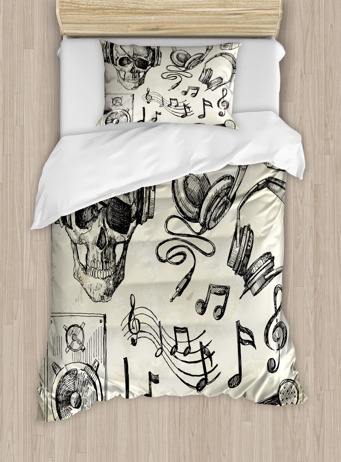 Ambesonne Music Duvet Cover Sets - Sketchy Hipster Skull Headphones Record Player Mic Speakers Print, 2-Pack Cal King Bedding Set with 2 Duvet Covers & 4 Pillowcases, Beige & Black - Perfect for Music Lovers' Bedroom Decor
