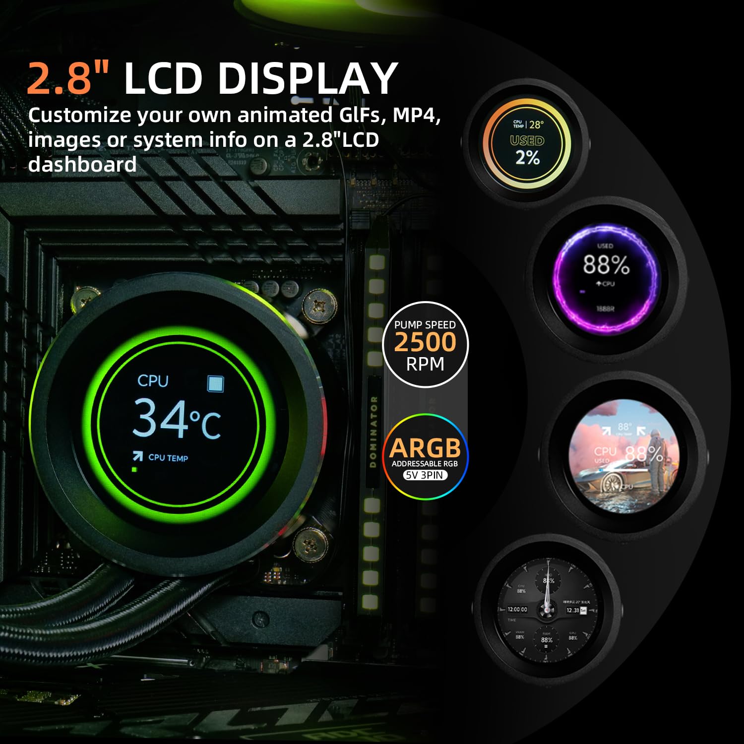 SAMA SM360 PRO Black 360mm ARGB AIO Liquid CPU Cooler with 2.8-inch LCD Temperature Display & PWM Silent Fans - High Performance Cooling for Gaming PC, Workstation, and Overclocking Systems