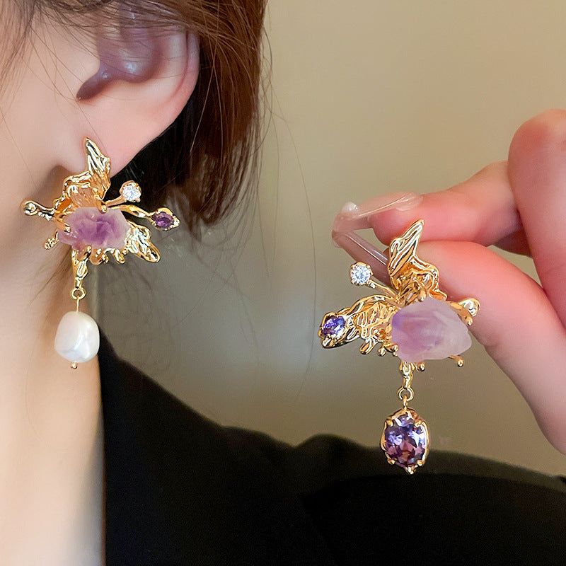 Elegant Asymmetric Freshwater Pearl Lilac Dangle Earrings for Women | HE13762 | Perfect for Weddings, Parties & Special Occasions