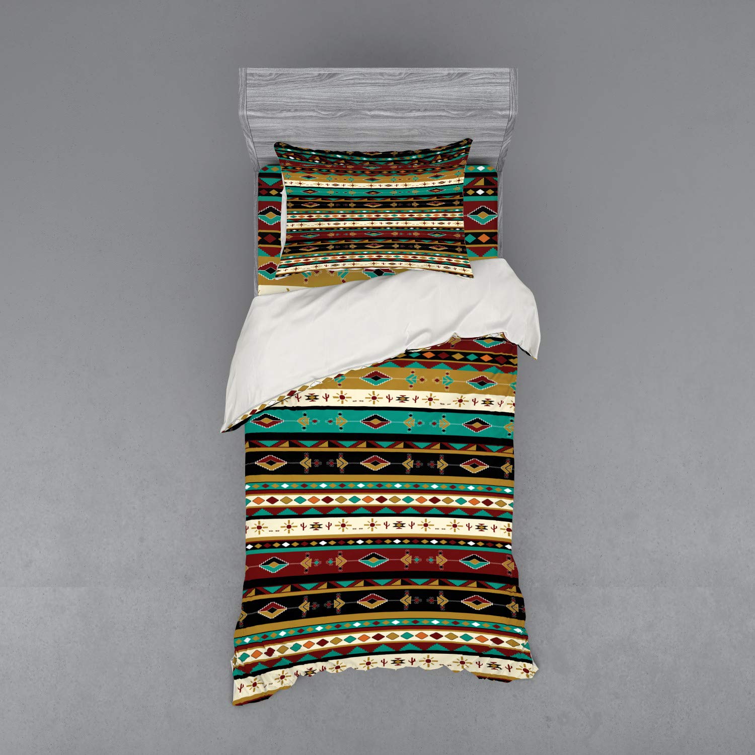 Ambesonne Ethnic Duvet Cover Set - Traditional Geometric Folkloric Print 3-Piece Bedding Set with Sham & Fitted Sheet, Twin Size, Multicolor - Perfect for Bohemian Bedroom Decor & Cultural Home Styling