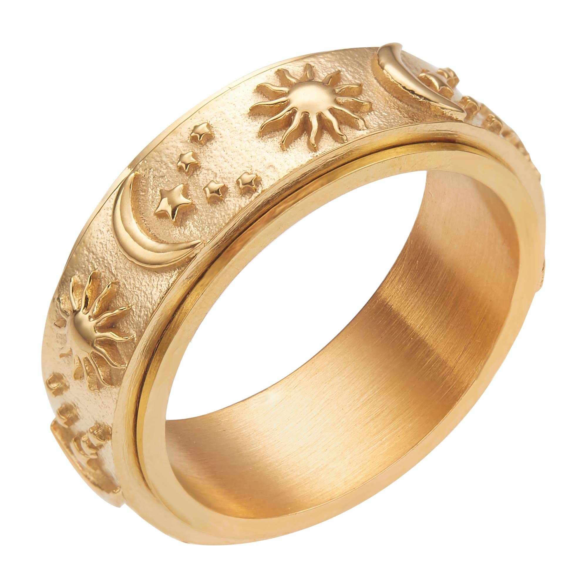 Stainless Steel Anxiety Relief Spinner Rings for Women & Men - Sun Moon Stars Design, Stress Relieving Fidget Band Rings Set (Size 6-12) - Perfect for Office, Travel & Daily Stress Management