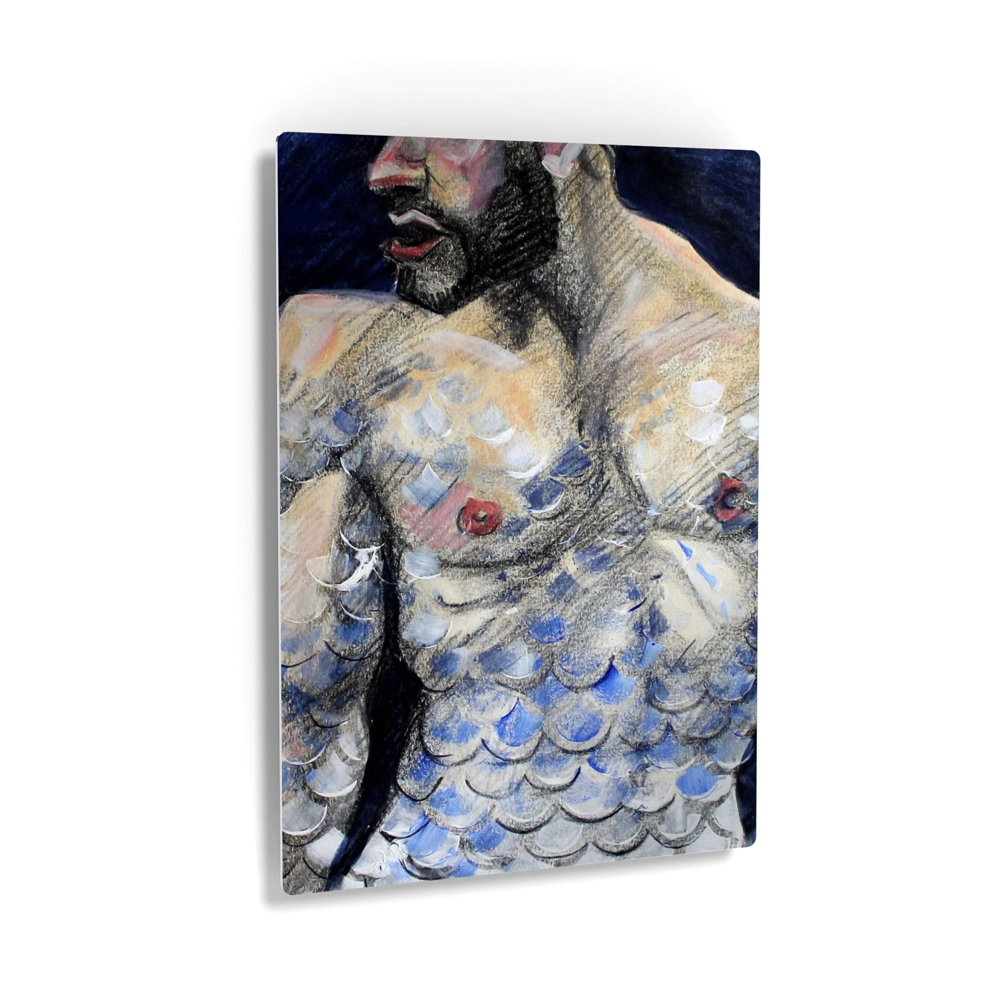 Kenney Mencher Merman with Beard Metal Print - LGBT Artwork, Watercolor & Crayon Painting, Half Nude Gay Portrait for Living Room & Bedroom Wall Decor - 30x20 Inches - Perfect for Pride Month, LGBTQ+ Home Decor & Artistic Interior Design