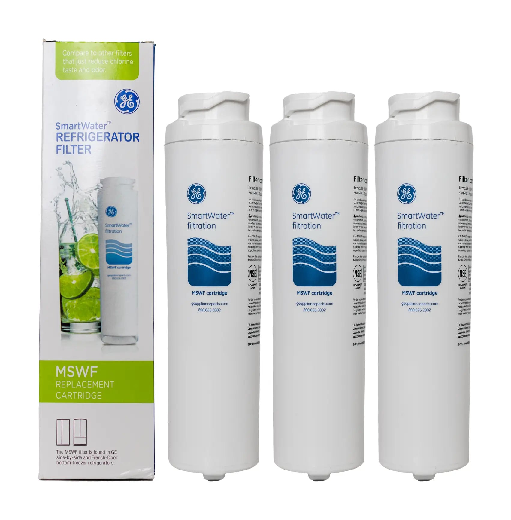 GE MSWF Refrigerator Water Filter Replacement Cartridge - 3 Pack - NSF Certified for Clean Drinking Water - Perfect for Refrigerators, Ice Makers & Water Dispensers