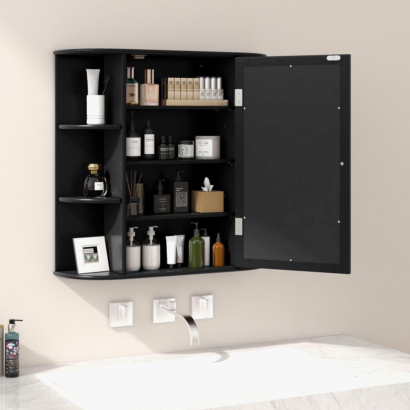 Tangkula Black Wall Mounted Bathroom Medicine Cabinet with Mirror - Adjustable Shelves, 6 Open Storage & Door - Space Saving Bathroom Organizer for Toiletries, Cosmetics & Essentials | Perfect for Small Bathrooms, Vanities & Home Decor