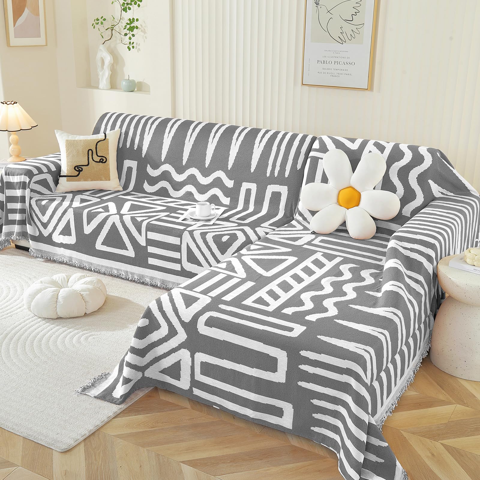 OstepDecor Boho Sectional Couch Covers 2 Pieces - L Shaped Sofa Slipcover for 2-3 Cushion Couch, Washable Chenille Pet-Friendly Sofa Cover in Dark Grey (71