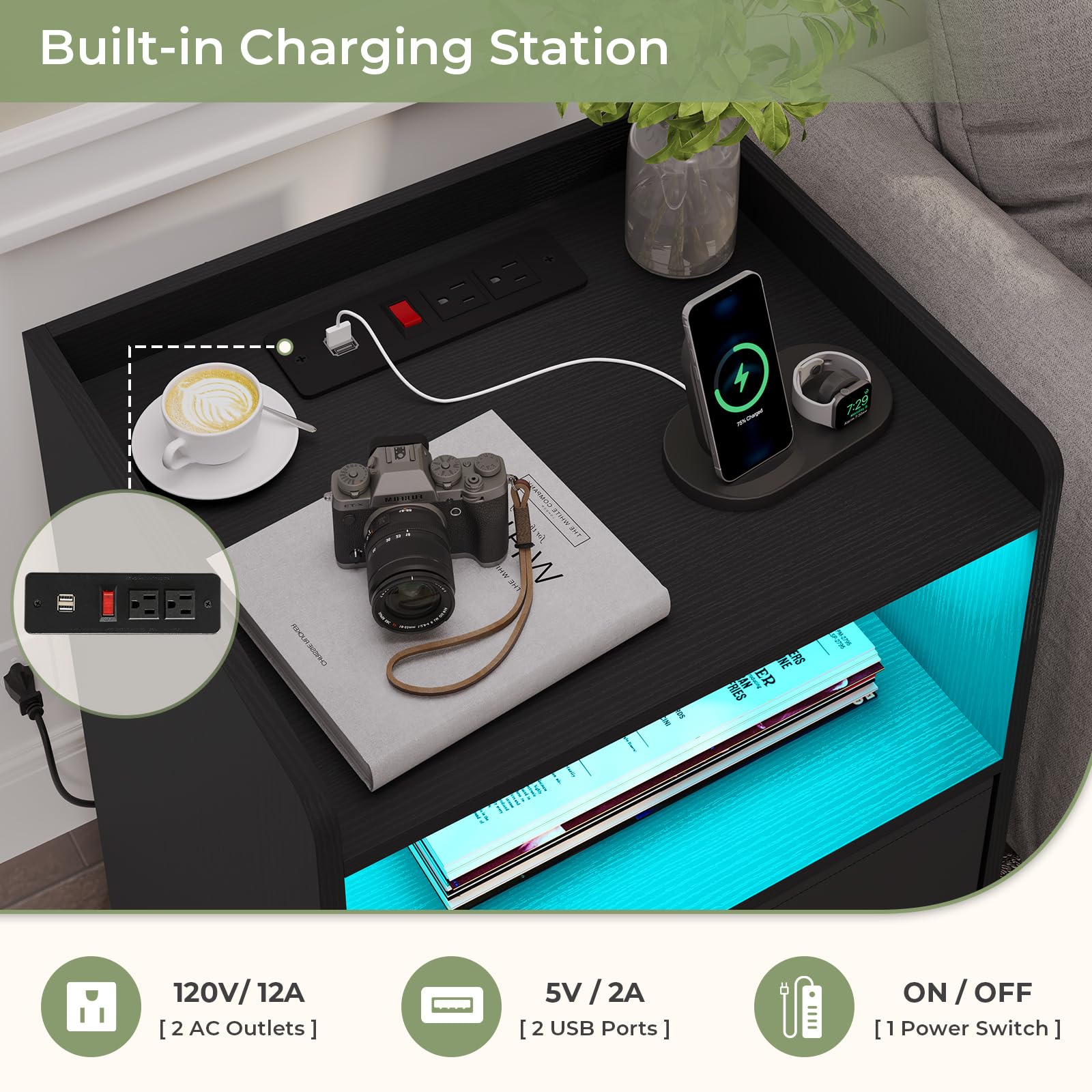 Hasuit Modern Night Stand Set of 2 with LED Lights & USB Charging Station, Black Bedside End Tables with 2 Fabric Storage Drawers for Bedroom - Perfect for Small Spaces, Apartment Living & Guest Room Decor