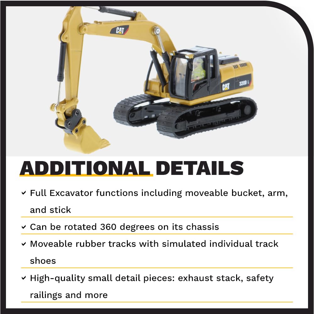1:87 Scale Diecast Caterpillar 320D L Hydraulic Excavator with Work Tools - HO Scale Construction Equipment Model 85652 by Diecast Masters | Collectible Die-Cast Truck for Display & Construction Scene Dioramas