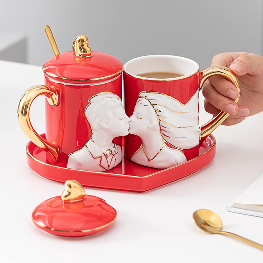 CathyLadi Funny Coffee Mug Set for Couples - Unique Bride and Groom Ceramic Tea Cups, Perfect Matching Gift for Wedding, Anniversary, Valentine's Day, Birthday (Red) - Ideal for Romantic Breakfasts, Couple Photo Shoots & Gift Exchanges